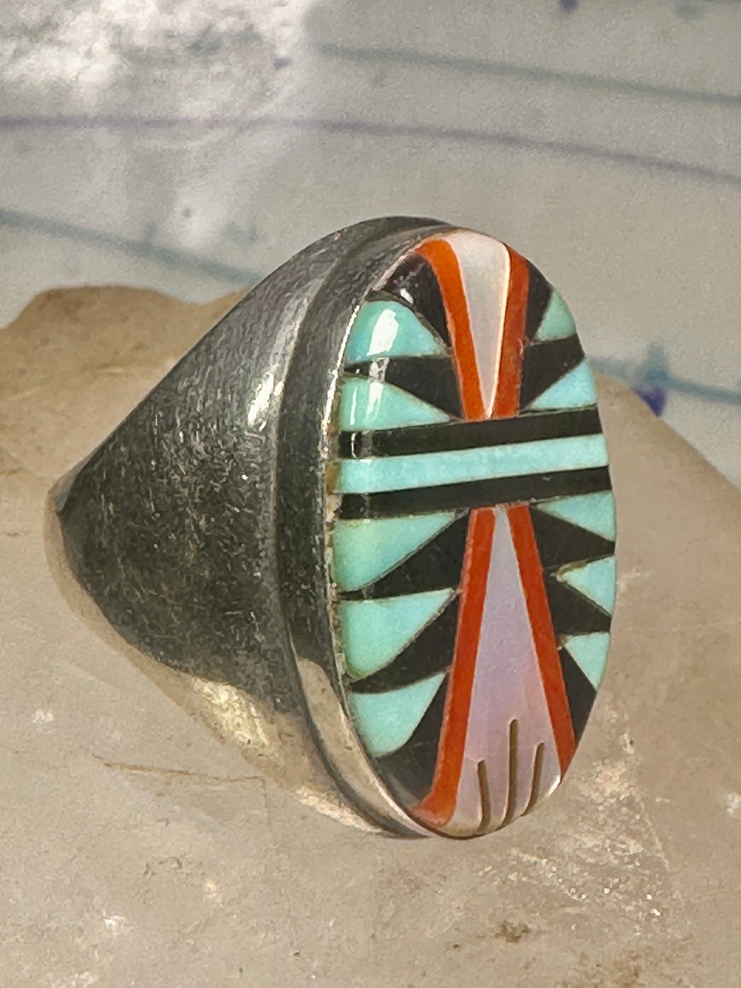 Zuni ring turquoise coral MOP onyx size 9.75 sterling silver women men