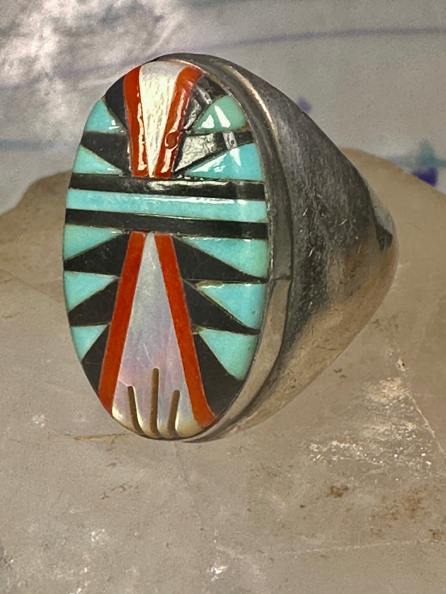 Zuni ring turquoise coral MOP onyx size 9.75 sterling silver women men