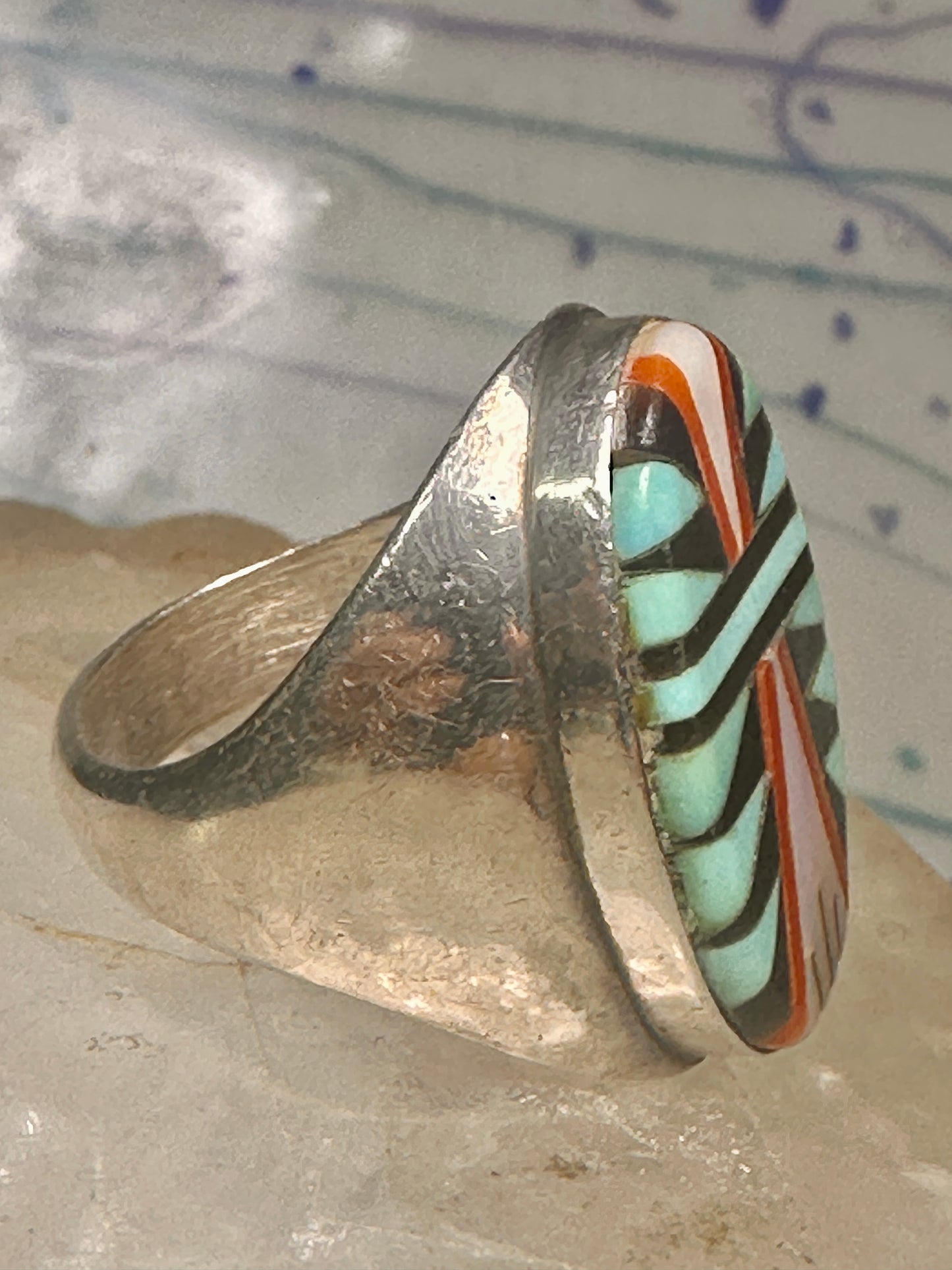 Zuni ring turquoise coral MOP onyx size 9.75 sterling silver women men