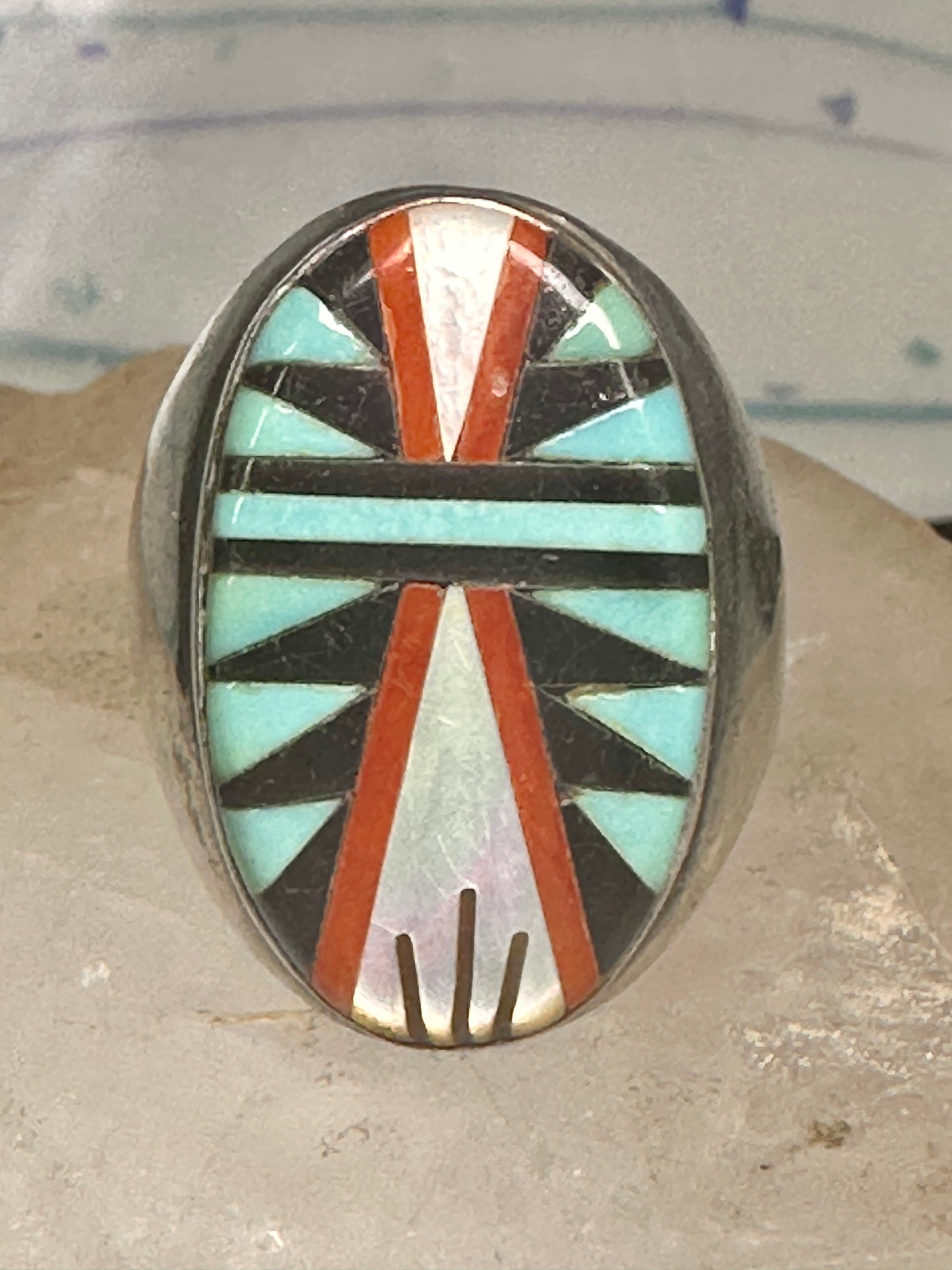 Zuni ring turquoise coral MOP onyx size 9.75 sterling silver women men
