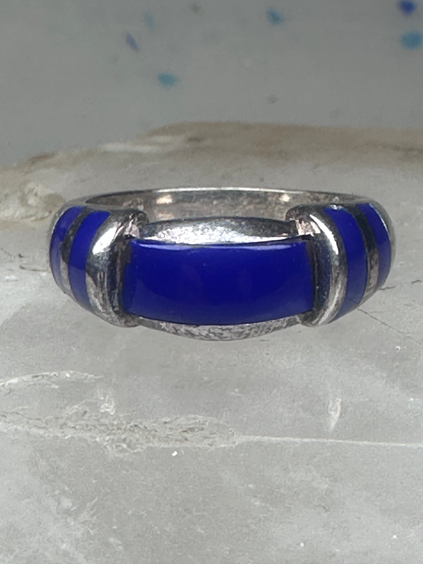 Vintage Signed FAS Deep Blue Inlay Band Ring Sterling Silver - Size 6.5