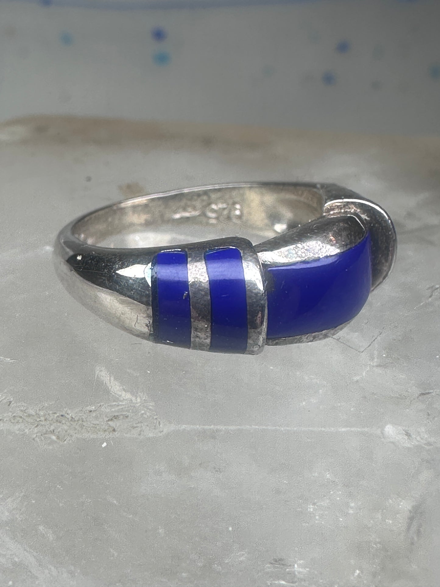 Vintage Signed FAS Deep Blue Inlay Band Ring Sterling Silver - Size 6.5
