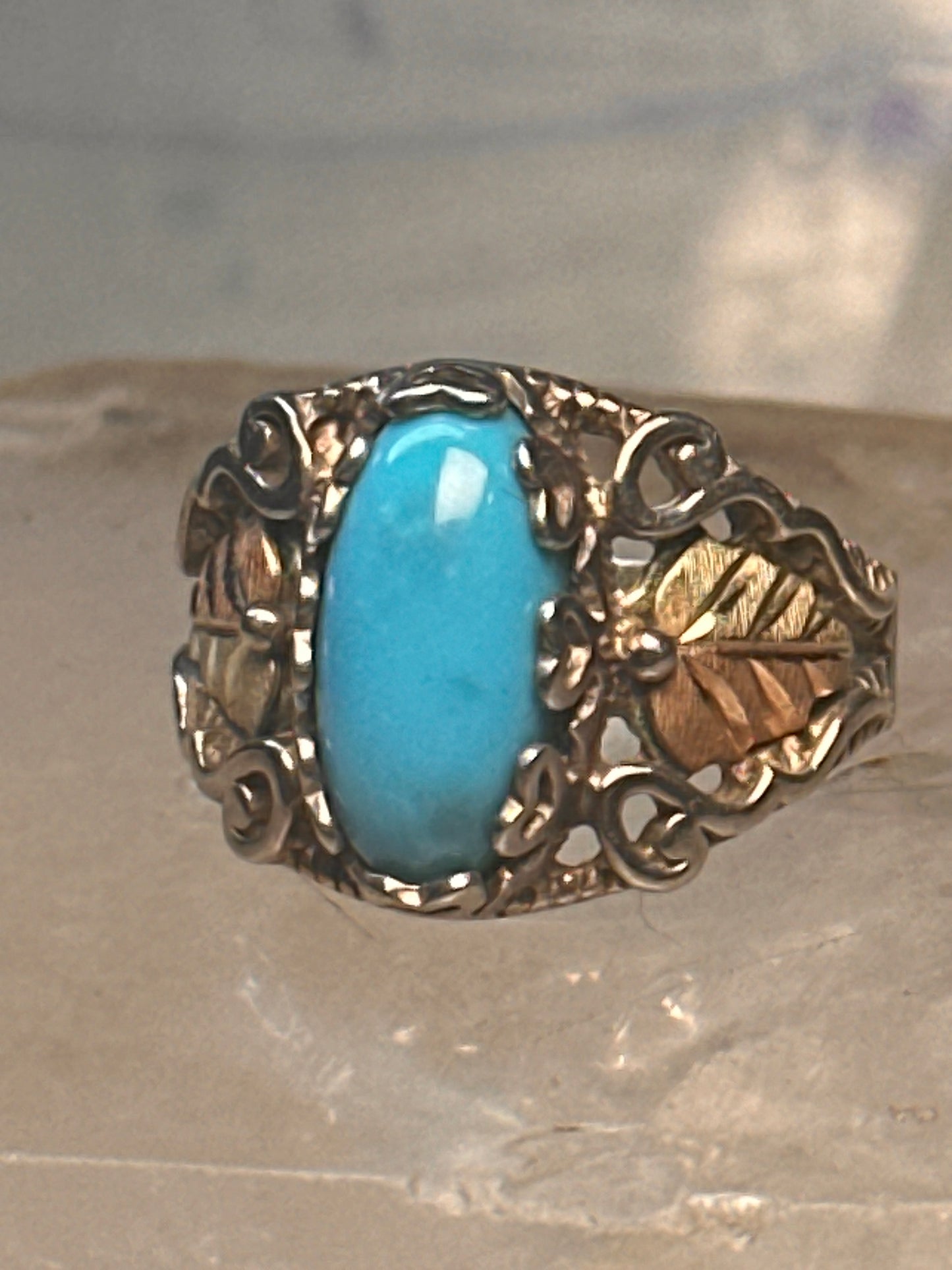 Black Hills Gold ring leaves turquoise band ring size 5.75 Sterling silver women