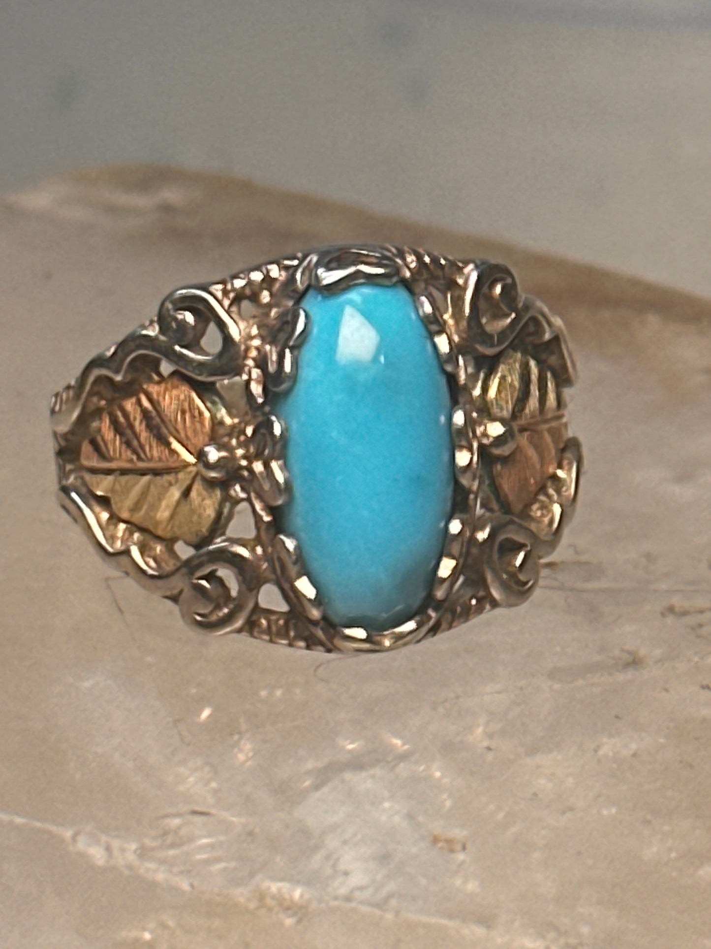 Black Hills Gold ring leaves turquoise band ring size 5.75 Sterling silver women