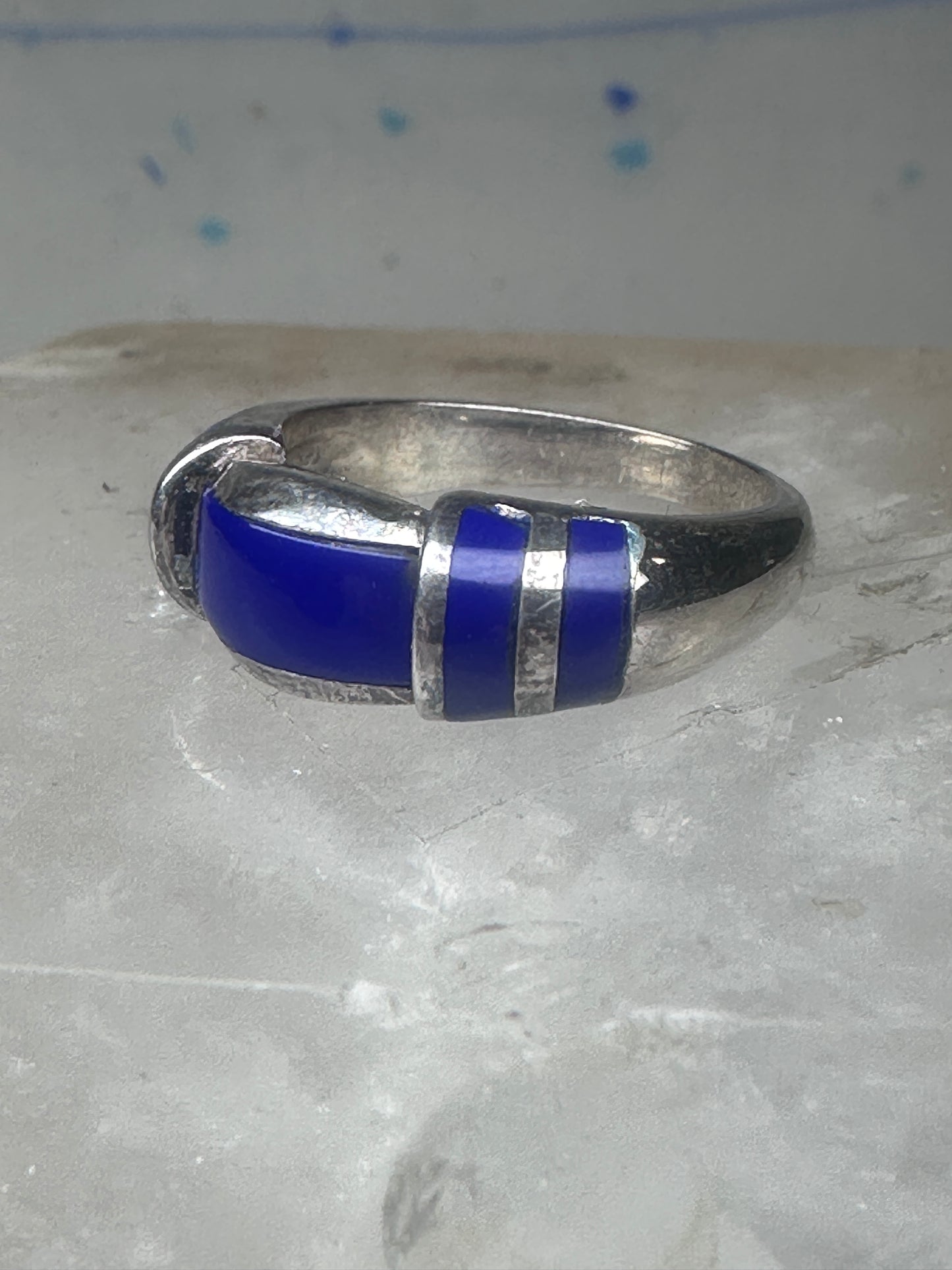 Vintage Signed FAS Deep Blue Inlay Band Ring Sterling Silver - Size 6.5