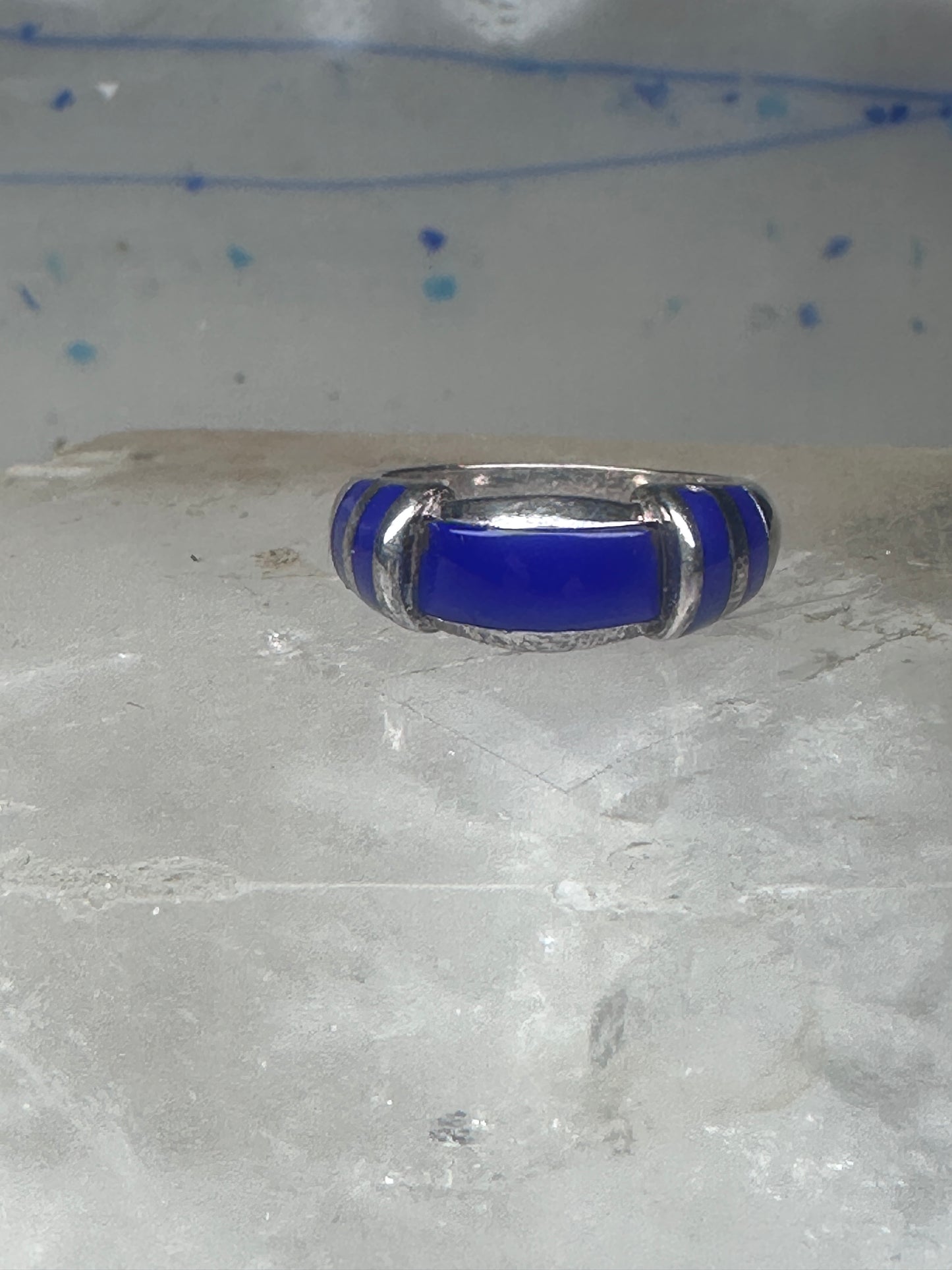 Vintage Signed FAS Deep Blue Inlay Band Ring Sterling Silver - Size 6.5