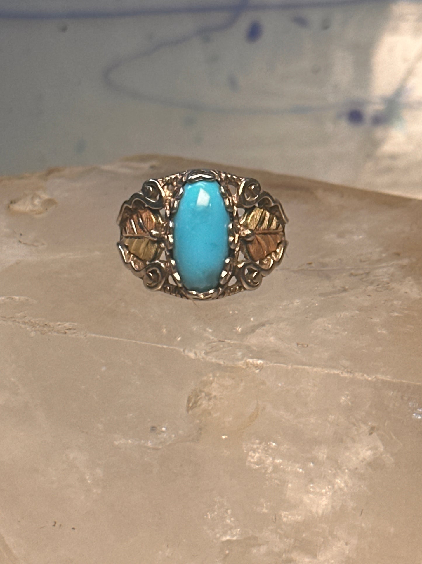 Black Hills Gold ring leaves turquoise band ring size 5.75 Sterling silver women
