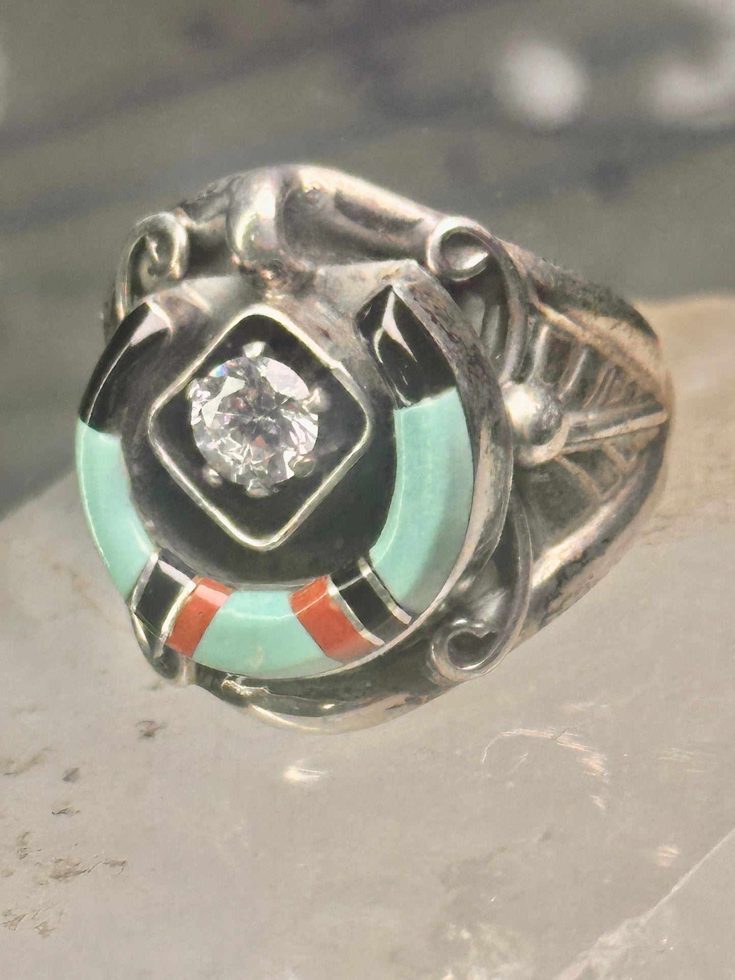 Horseshoe ring turquoise onyx band signed EDE size 10 pinky sterling silver women men