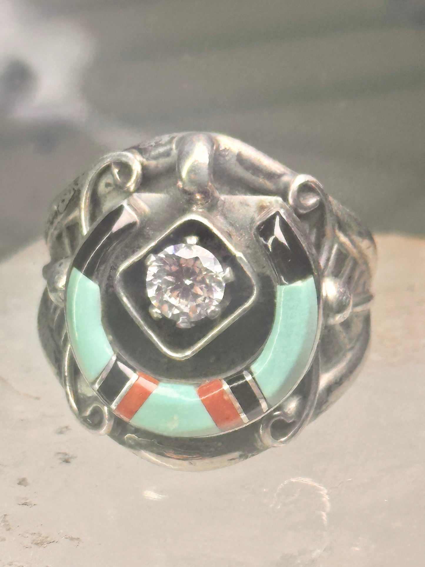 Horseshoe ring turquoise onyx band signed EDE size 10 pinky sterling silver women men