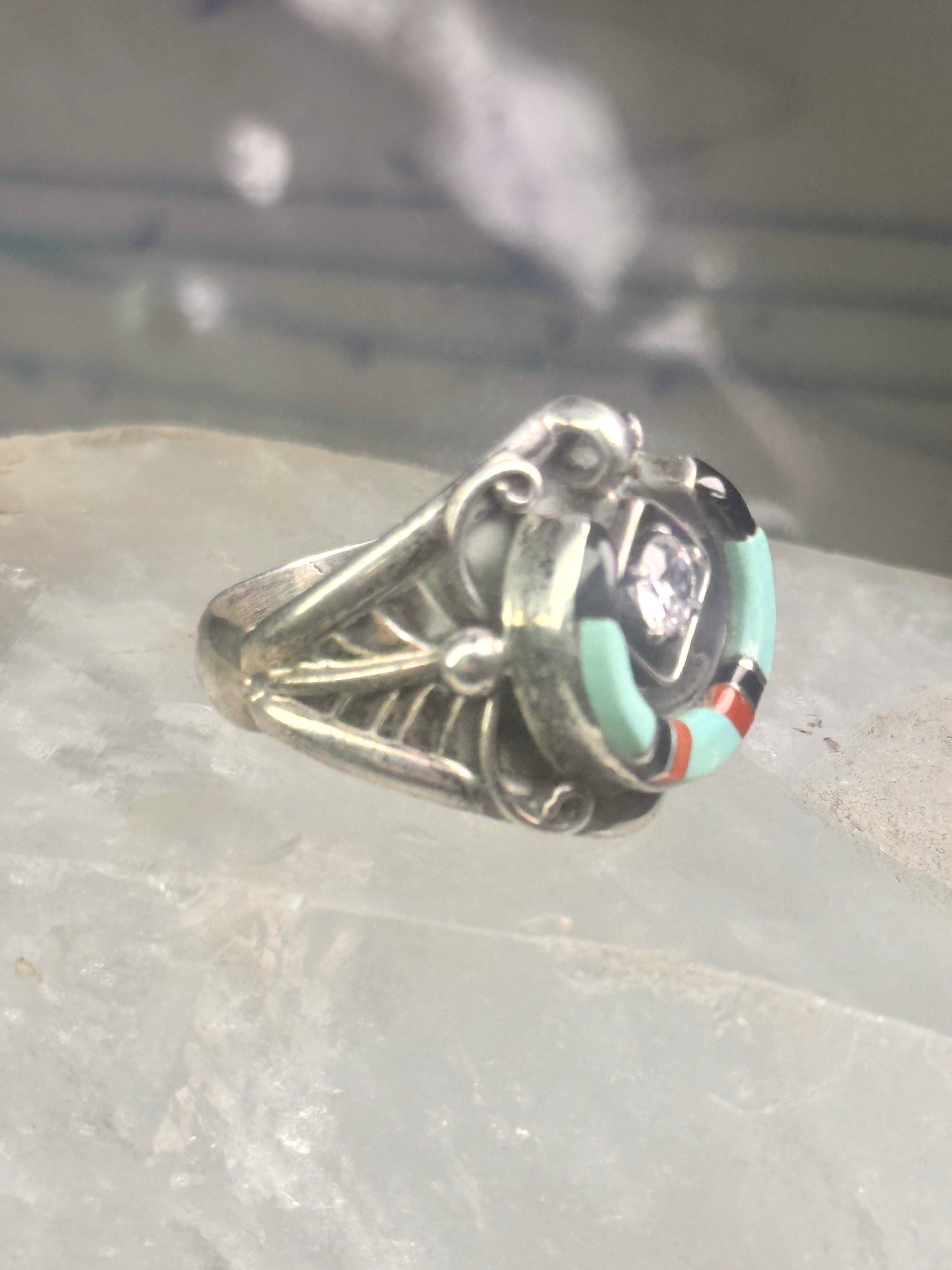 Horseshoe ring turquoise onyx band signed EDE size 10 pinky sterling silver women men