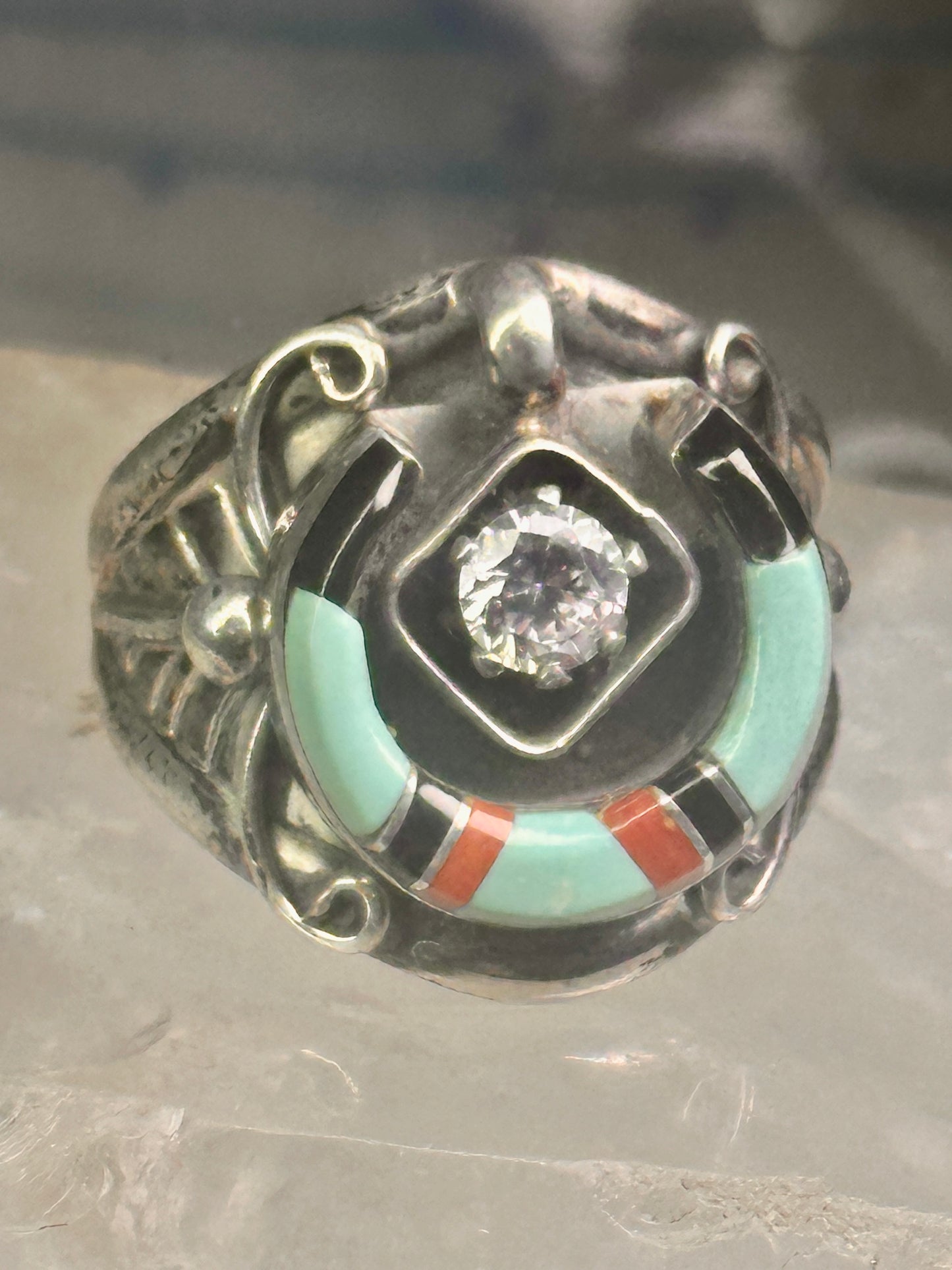 Horseshoe ring turquoise onyx band signed EDE size 10 pinky sterling silver women men