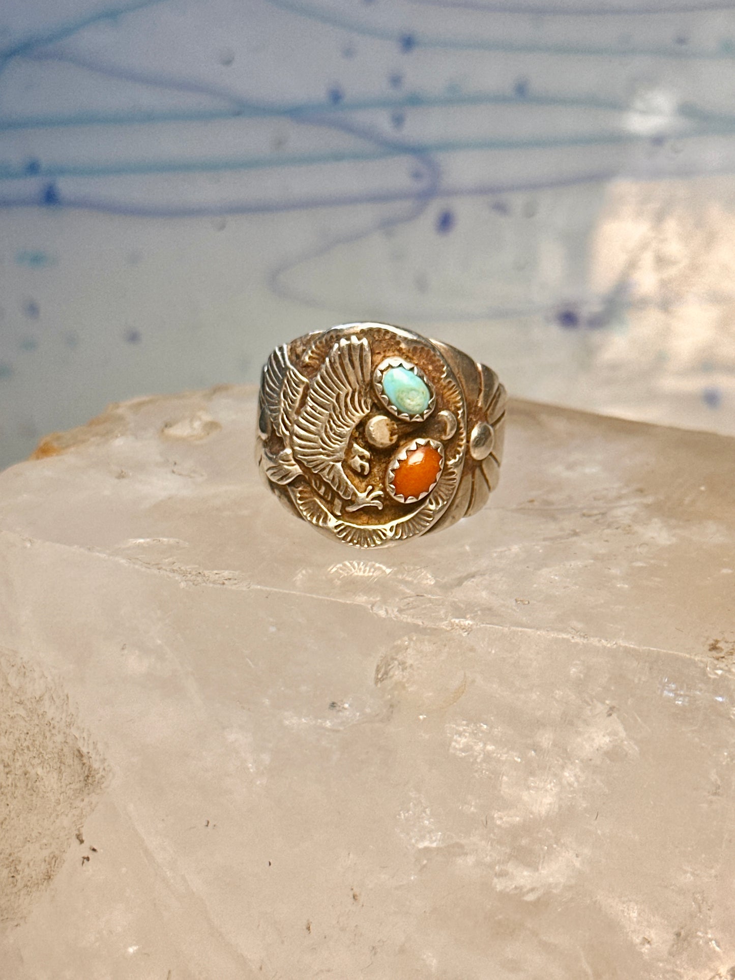 Eagle ring Navajo turquoise coral size 12.50 Sterling silver women men