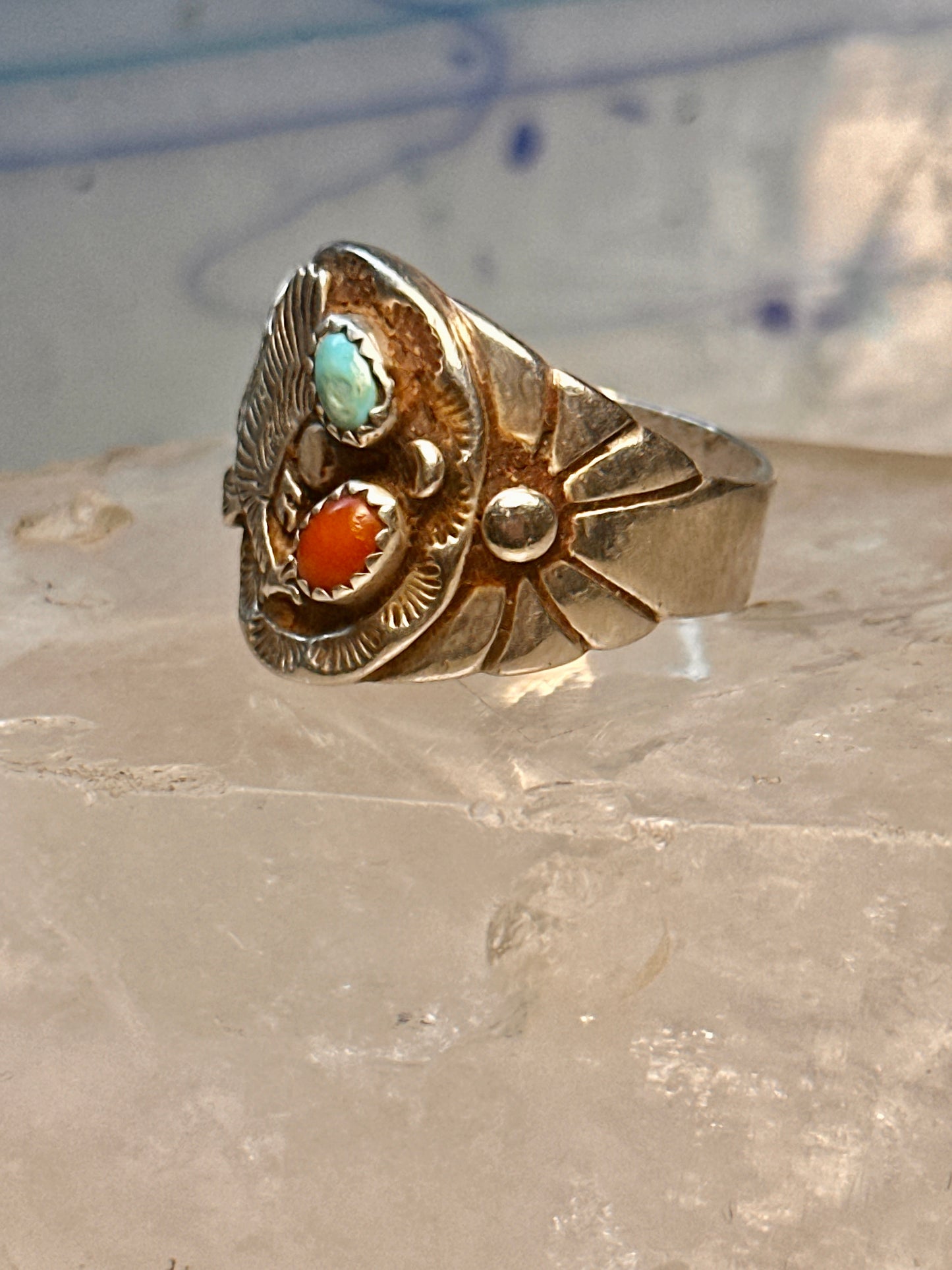 Eagle ring Navajo turquoise coral size 12.50 Sterling silver women men