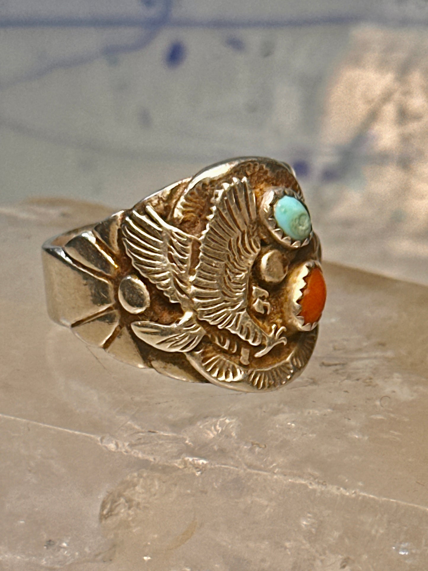 Eagle ring Navajo turquoise coral size 12.50 Sterling silver women men