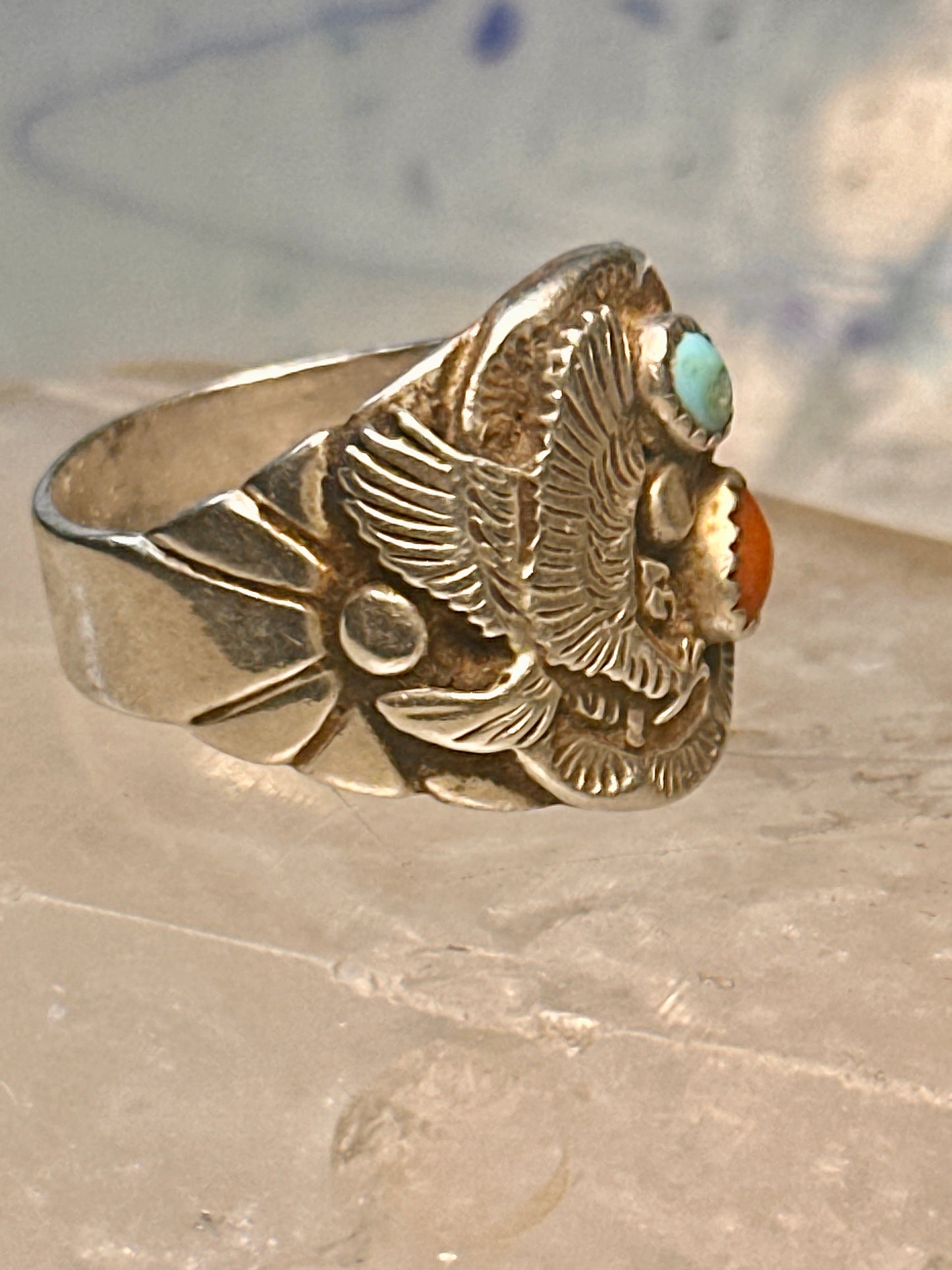 Eagle ring Navajo turquoise coral size 12.50 Sterling silver women men