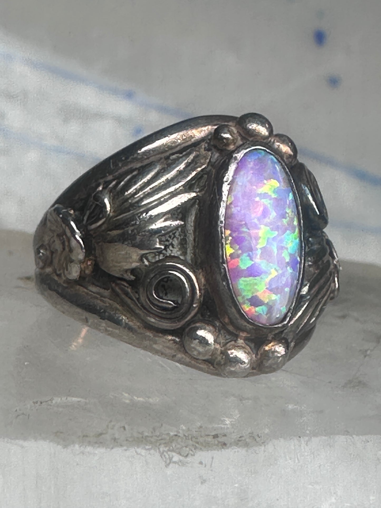 Navajo lab opal ring Nila Cook Johnson leaves band size 7  sterling silver women