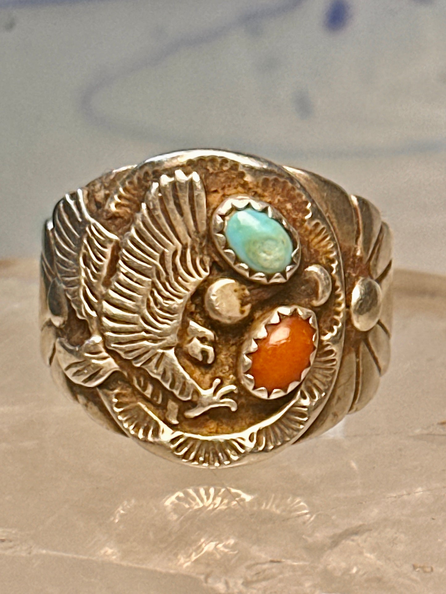 Eagle ring Navajo turquoise coral size 12.50 Sterling silver women men