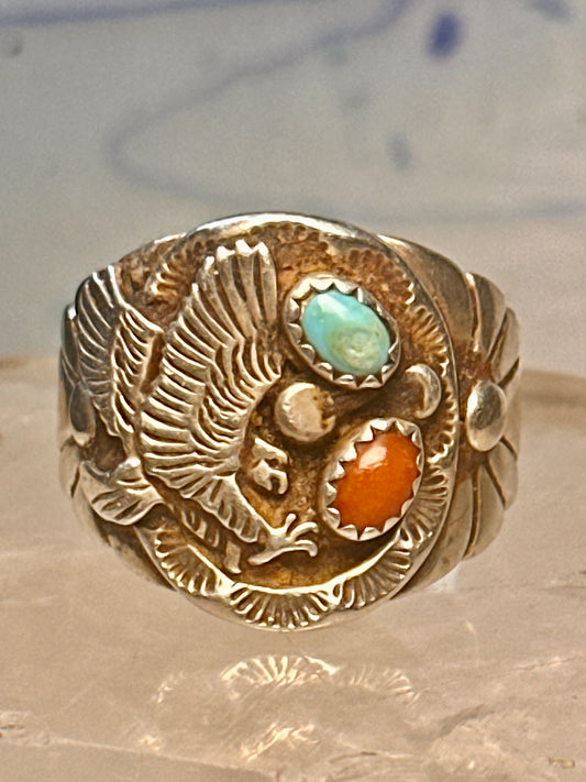 Eagle ring Navajo turquoise coral size 12.50 Sterling silver women men