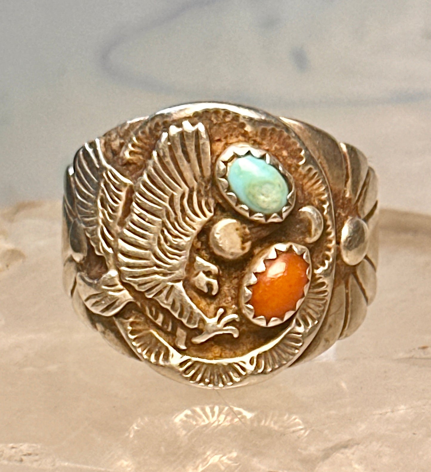 Eagle ring Navajo turquoise coral size 12.50 Sterling silver women men