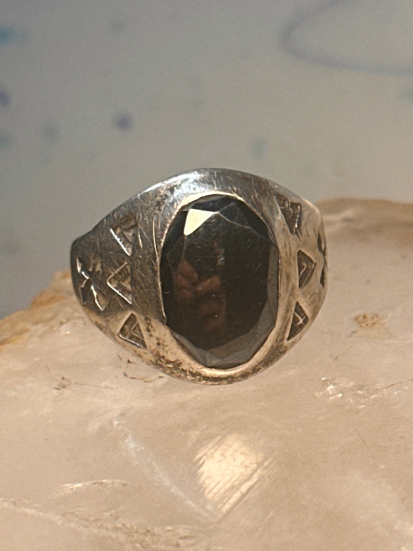 Onyx ring Navajo size 9.25 crossed arrows band sterling silver women men