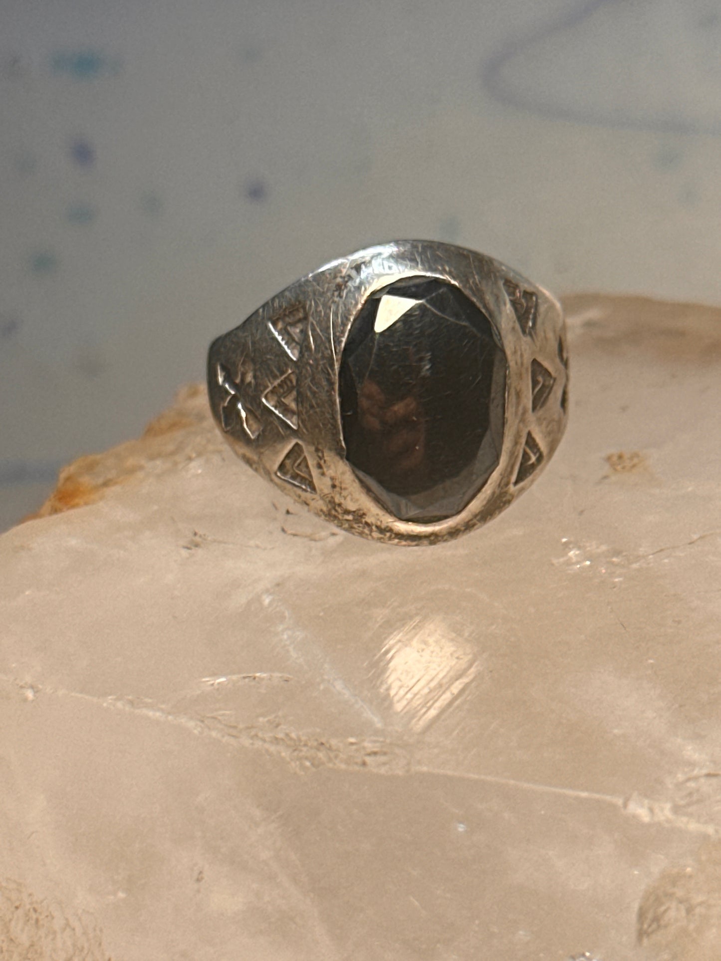 Onyx ring Navajo size 9.25 crossed arrows band sterling silver women men