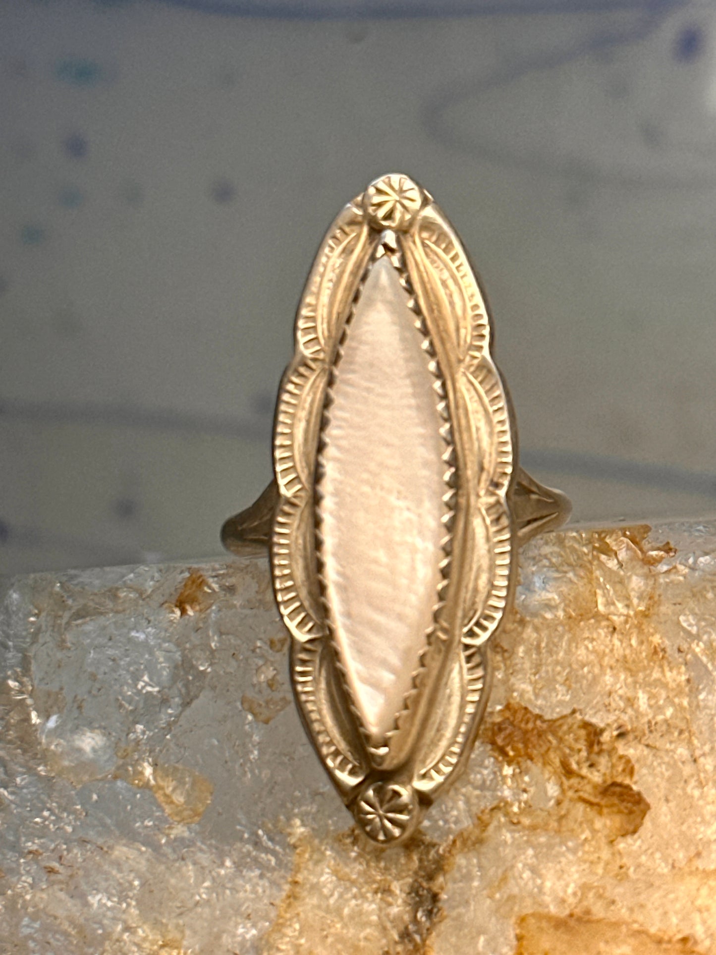 Navajo ring long mother of pearl size 8.5 sterling silver women signed A Payton