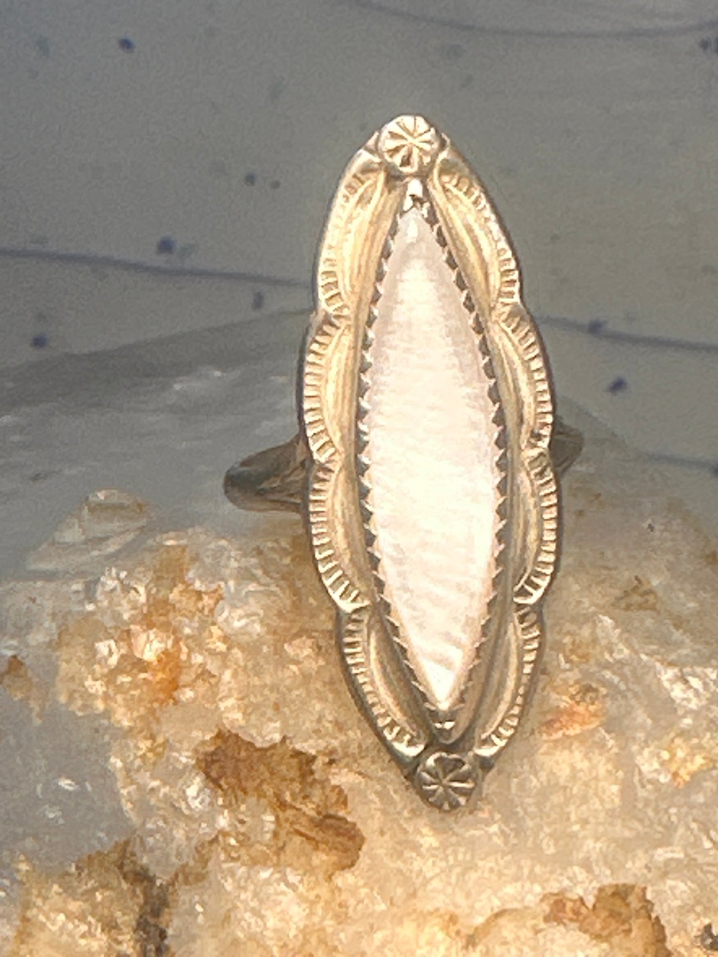 Navajo ring long mother of pearl size 8.5 sterling silver women signed A Payton
