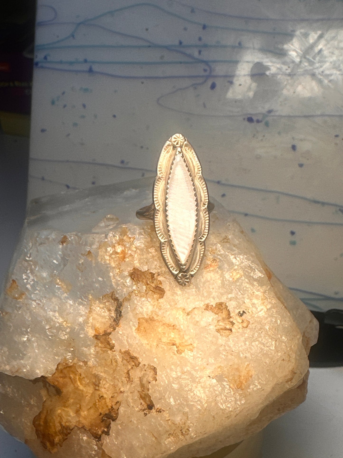 Navajo ring long mother of pearl size 8.5 sterling silver women signed A Payton