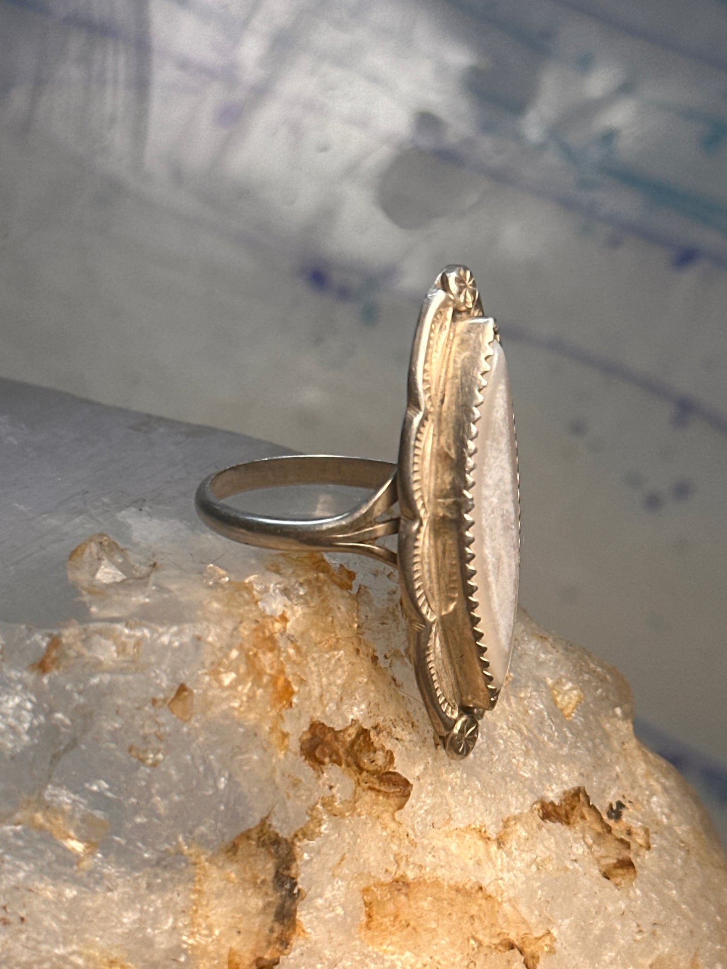 Navajo ring long mother of pearl size 8.5 sterling silver women signed A Payton