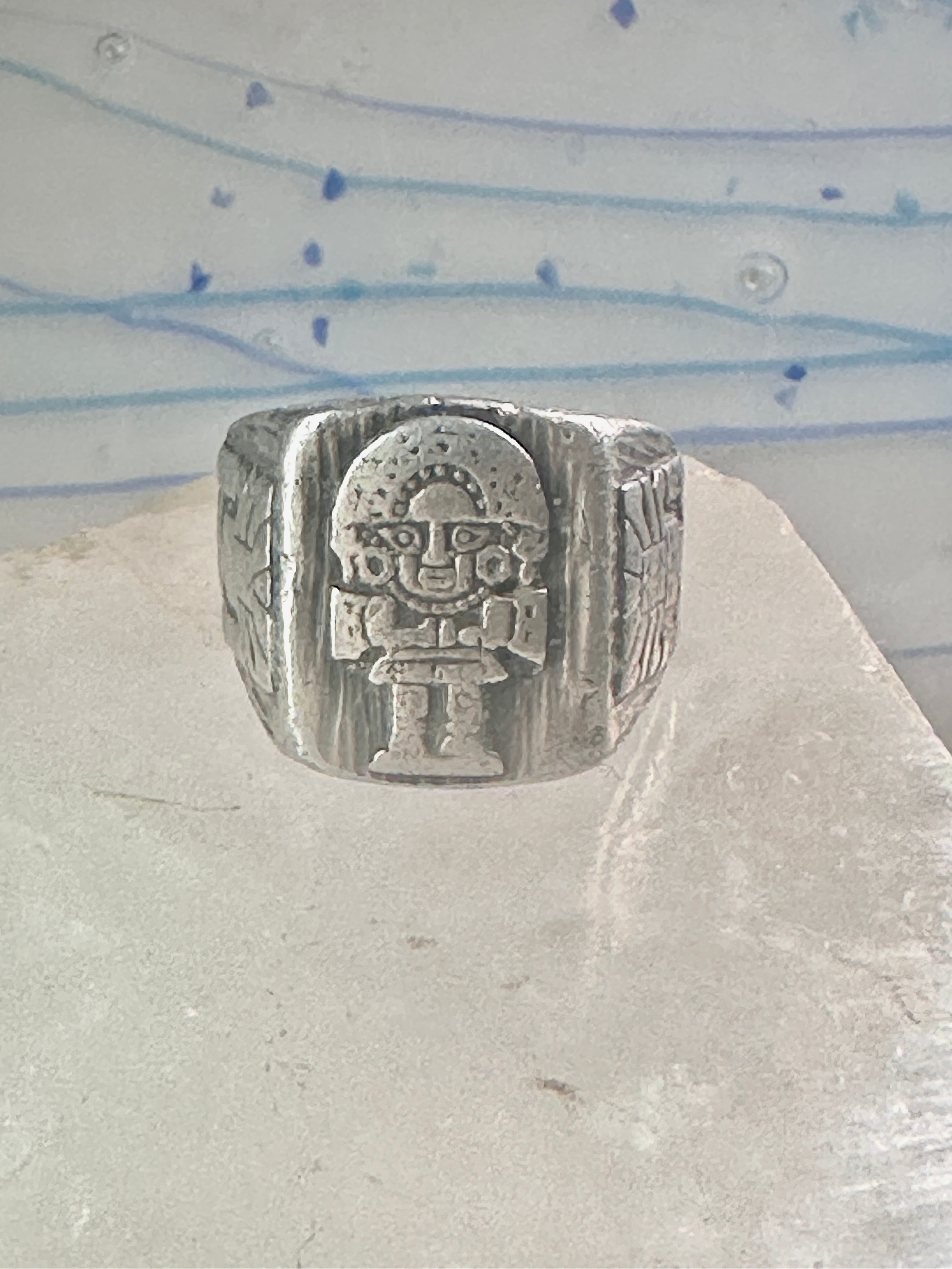 TONATIUH. A silver, wide and thick wedding ring with the image of the Aztec god Tonatiuh. Heavy, oxidized, silver ring. Art store from Poland