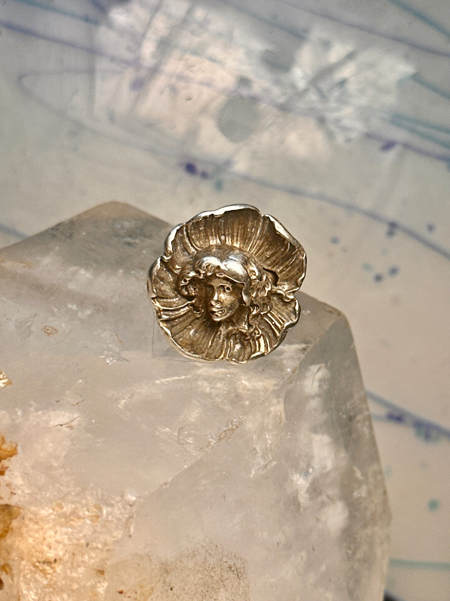 Vintage Face ring in poppy flower Art Nouveau size 6.75 sterling silver women girls