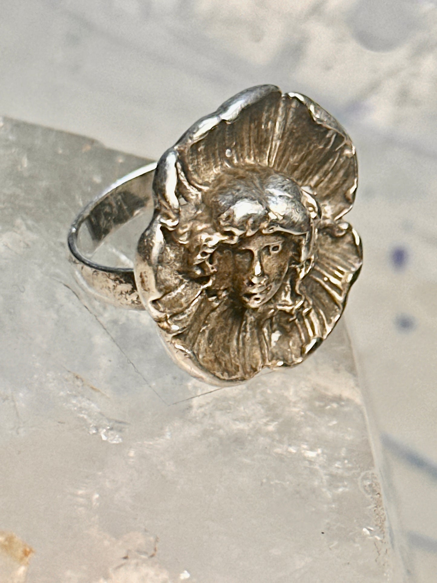 Vintage Face ring in poppy flower Art Nouveau size 6.75 sterling silver women girls