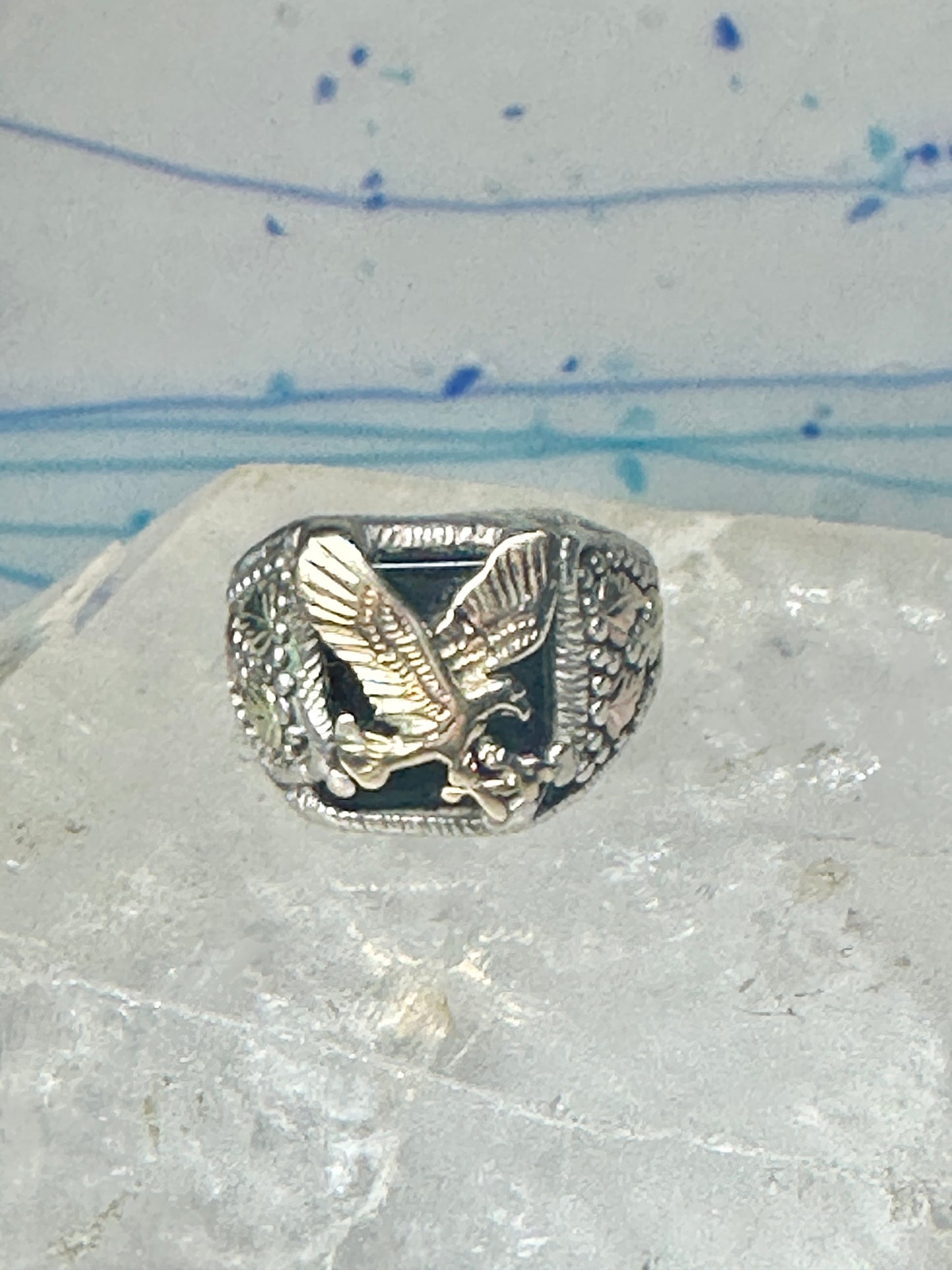 Black Hills Gold Ring eagle leaves Onyx band sterling silver size 8.75 men women