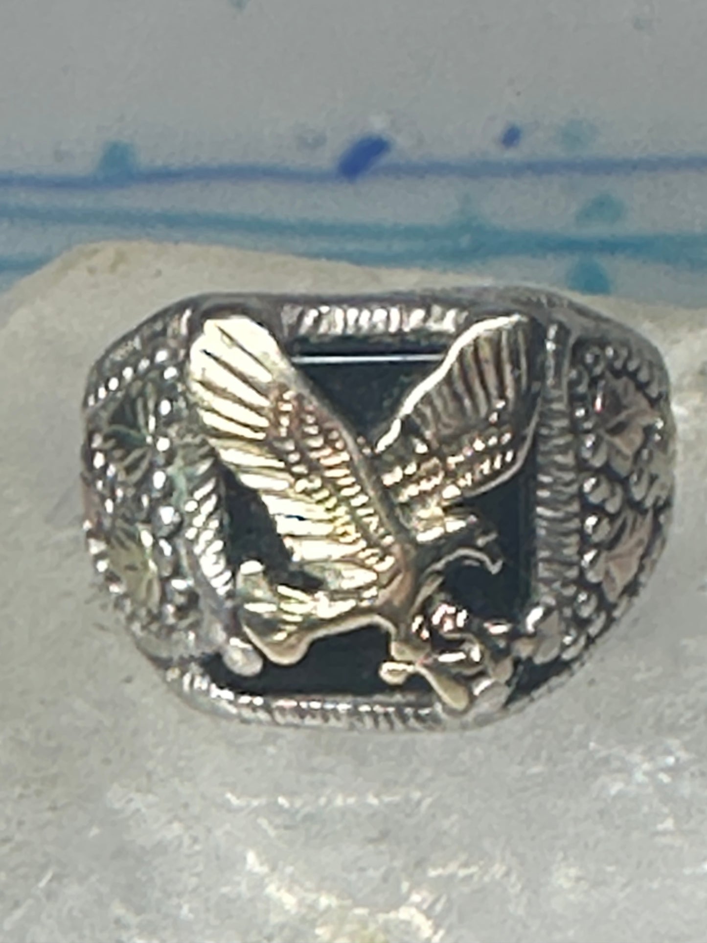 Black Hills Gold Ring eagle leaves Onyx band sterling silver size 8.75 men women