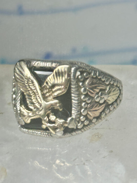 Black Hills Gold Ring eagle leaves Onyx band sterling silver size 8.75 men women