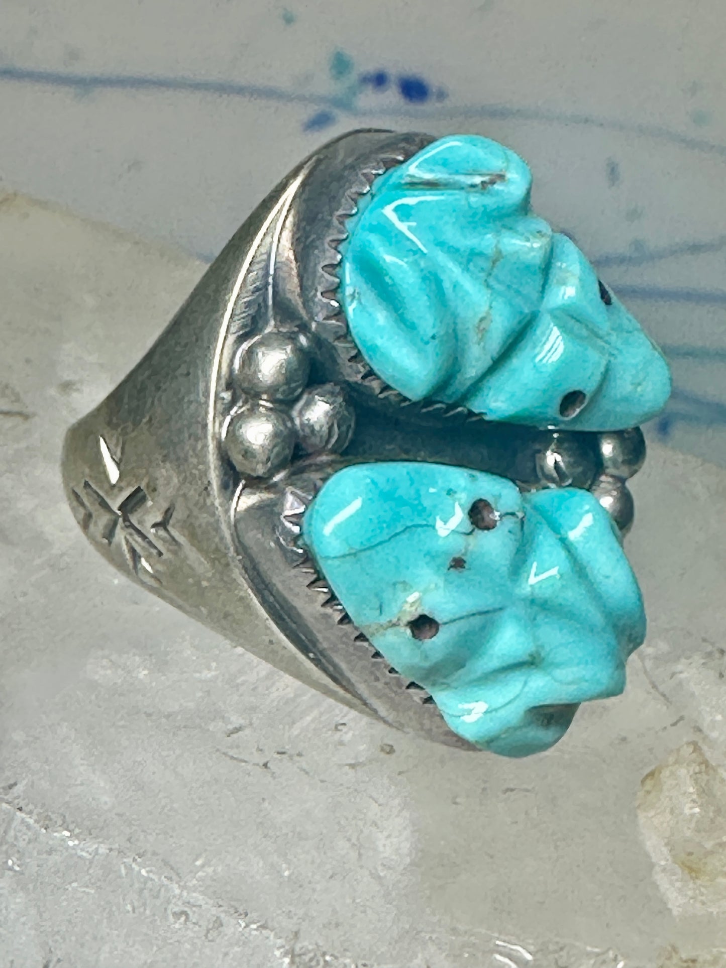 Frog Ring Turquoise carved frogs band coin silver size 12.25 men women