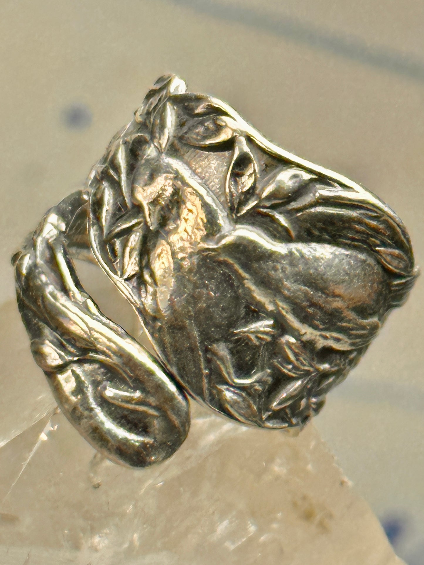 Spoon ring birds peace dove pigeons  band size 6.50 leaves floral sterling silver women