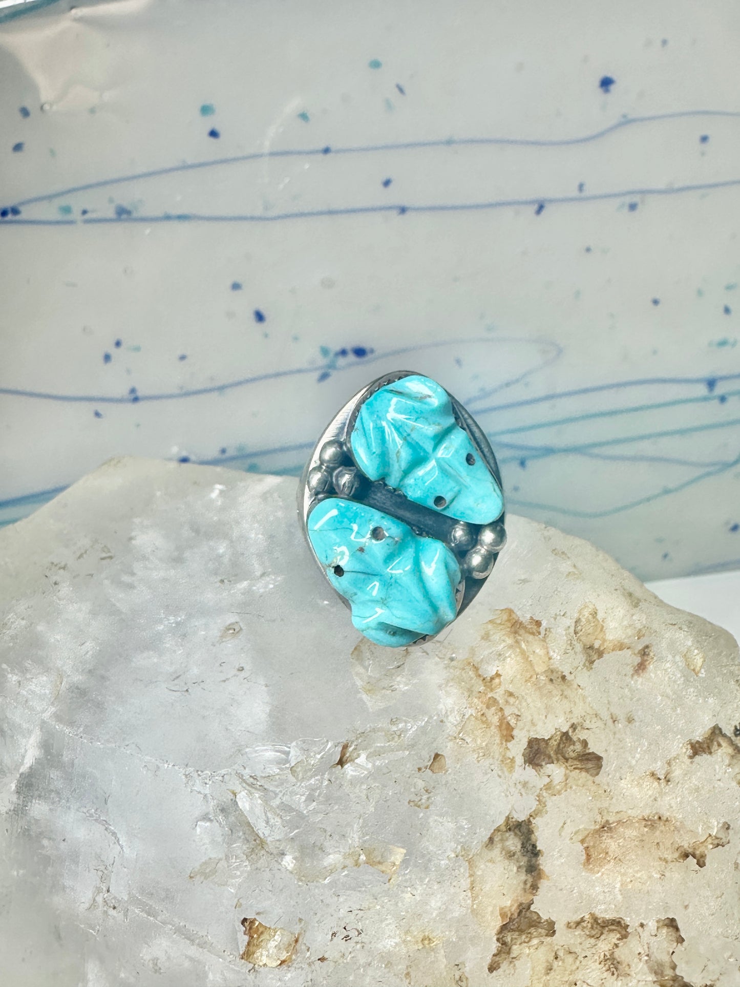 Frog Ring Turquoise carved frogs band coin silver size 12.25 men women