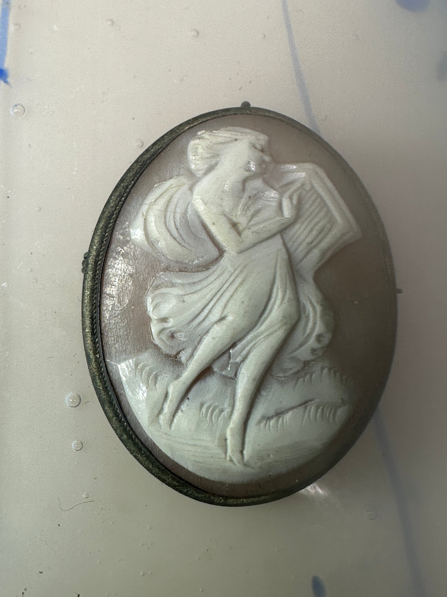 Antique Cameo on Shell Dancing Lady w Harp pendant and Pin