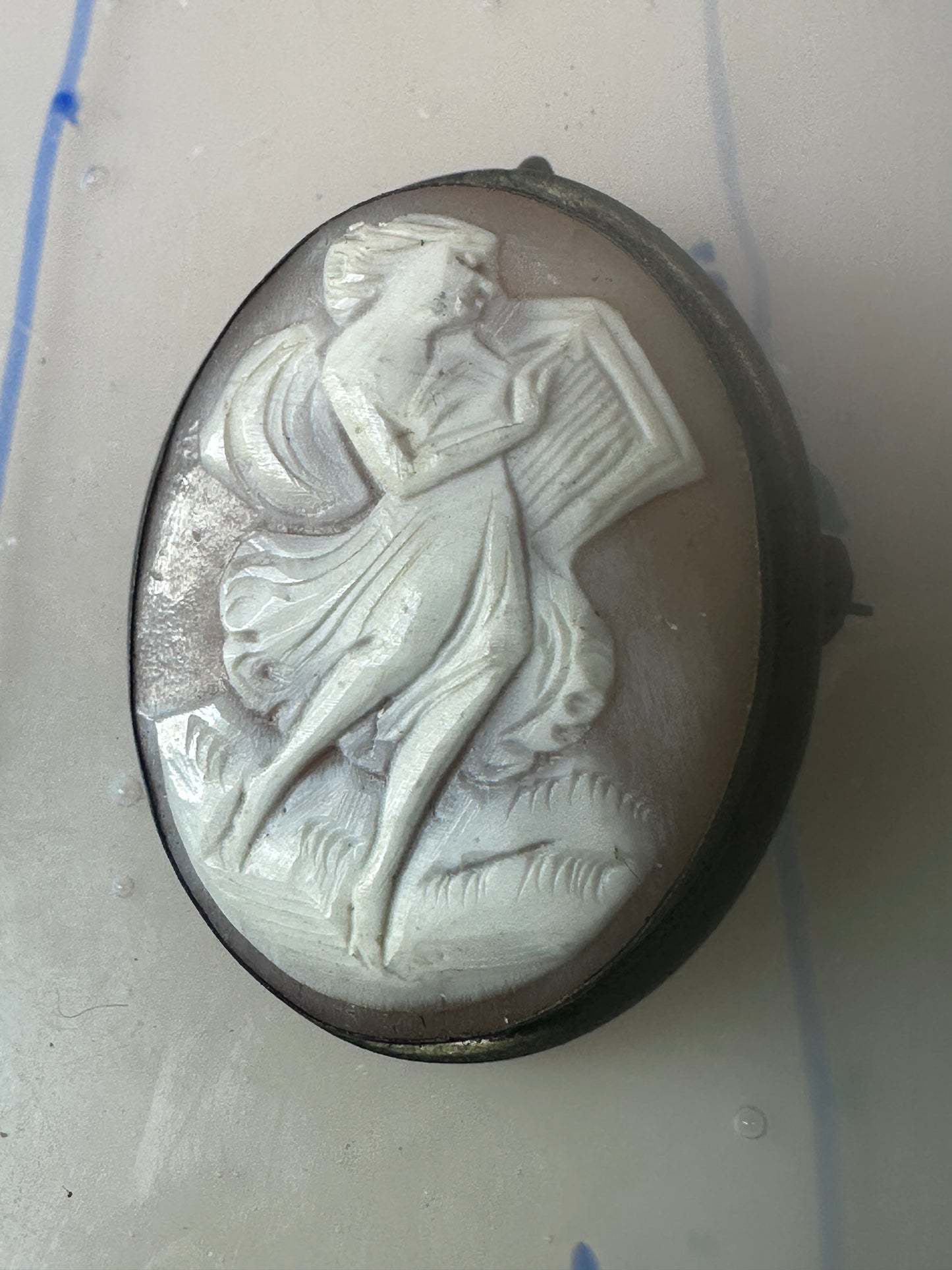 Antique Cameo on Shell Dancing Lady w Harp pendant and Pin