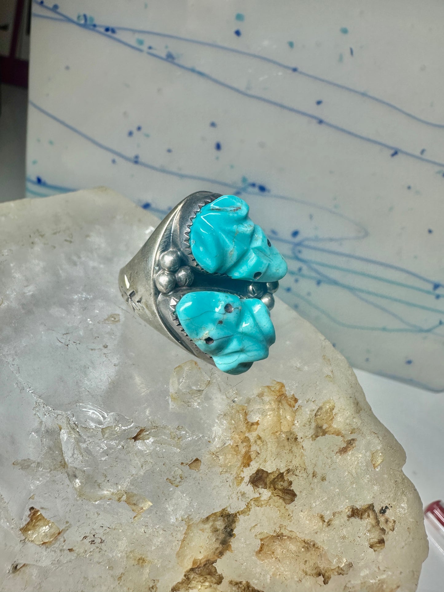 Frog Ring Turquoise carved frogs band coin silver size 12.25 men women