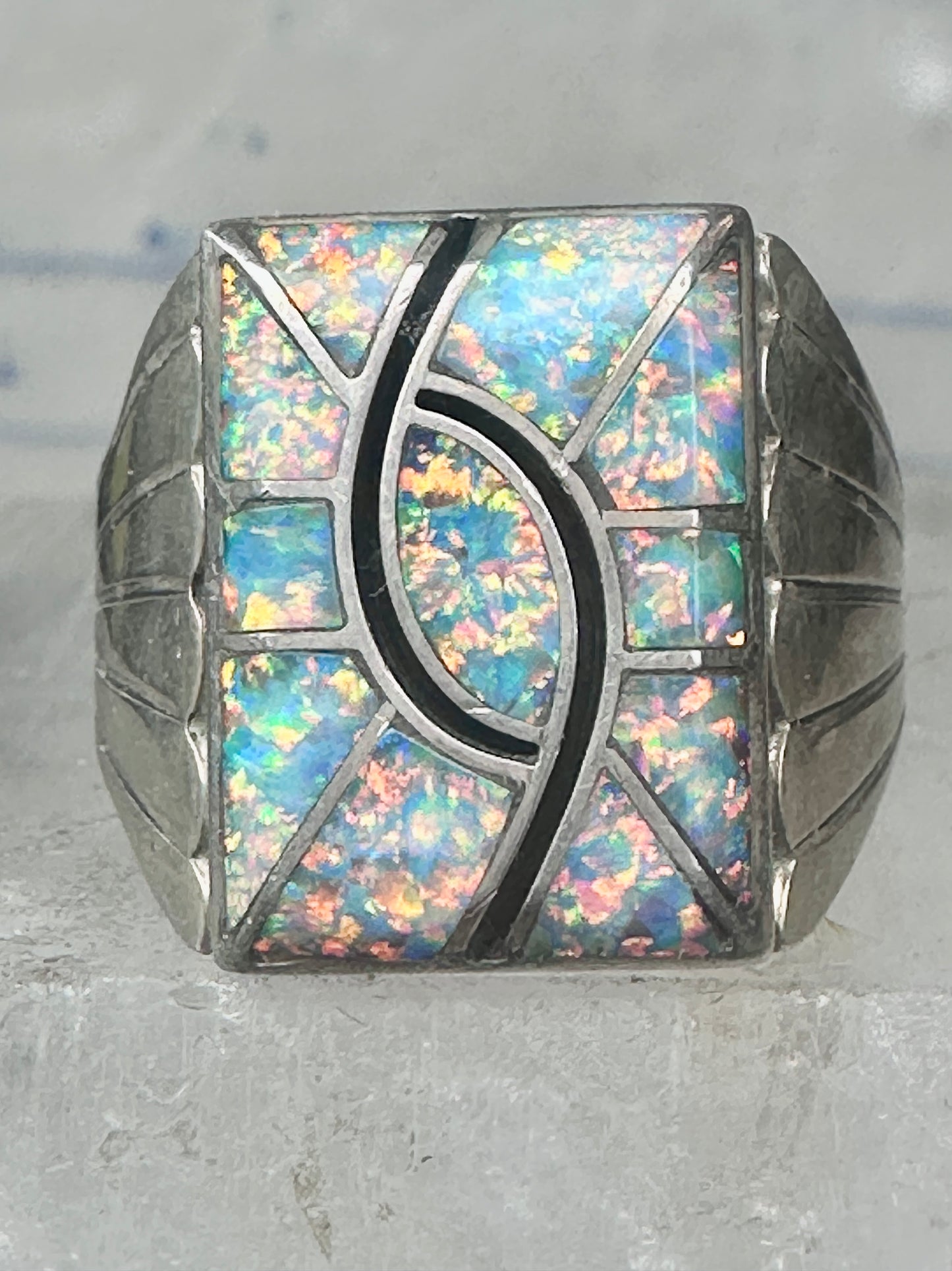 Lab Opal ring size 12 N Lee Navajo hummingbird sterling silver men women