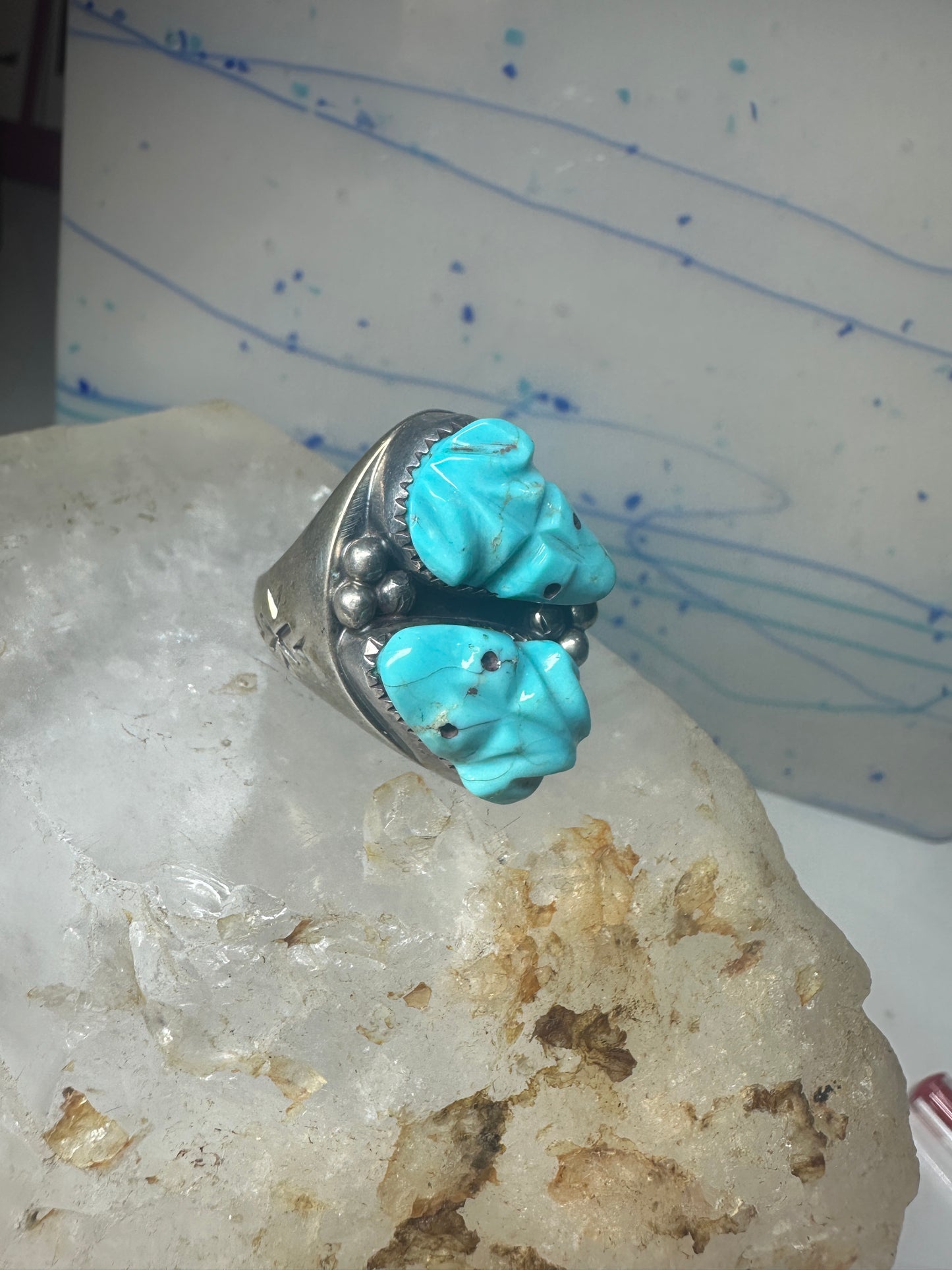 Frog Ring Turquoise carved frogs band coin silver size 12.25 men women