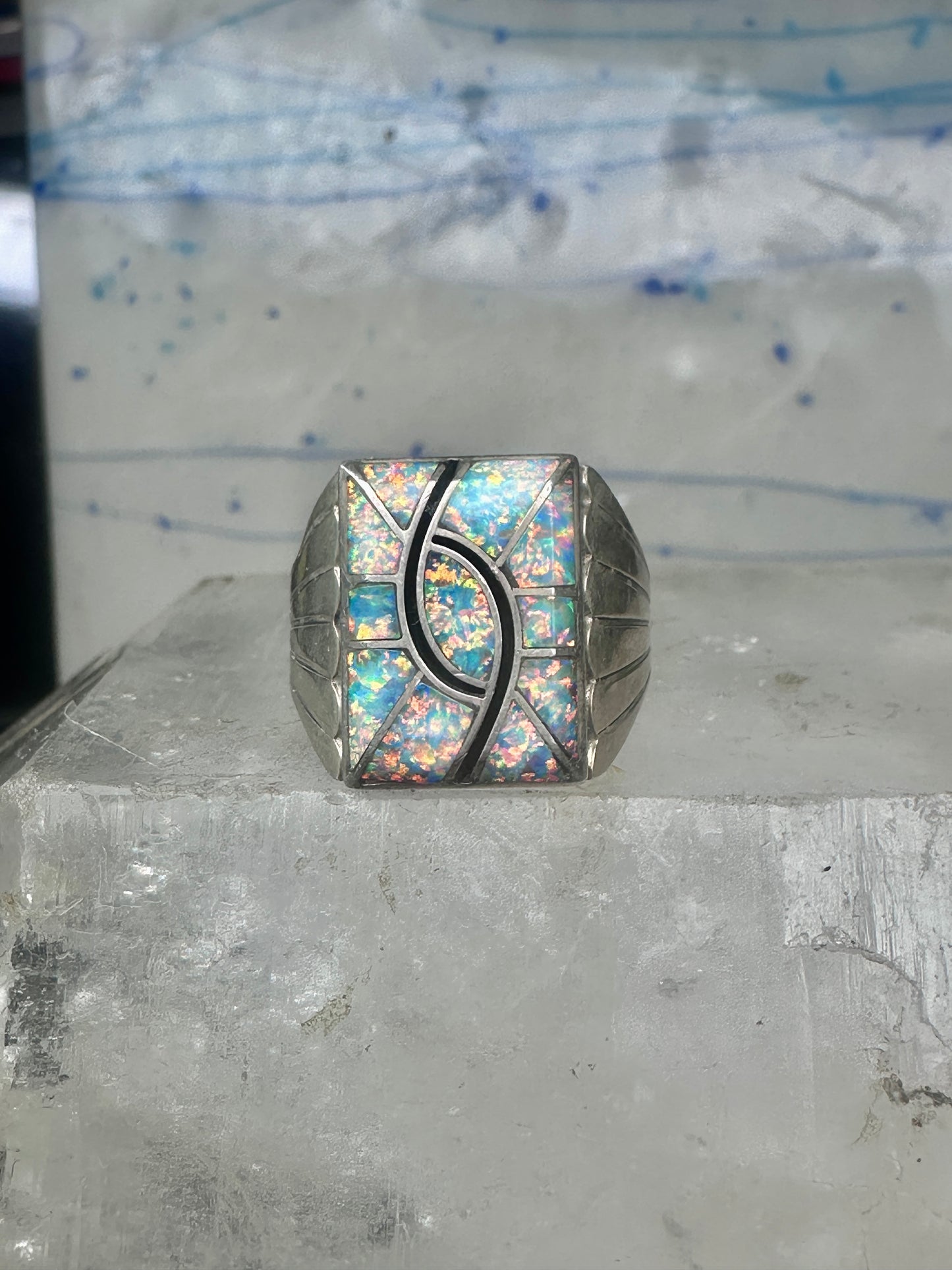 Lab Opal ring size 12 N Lee Navajo hummingbird sterling silver men women