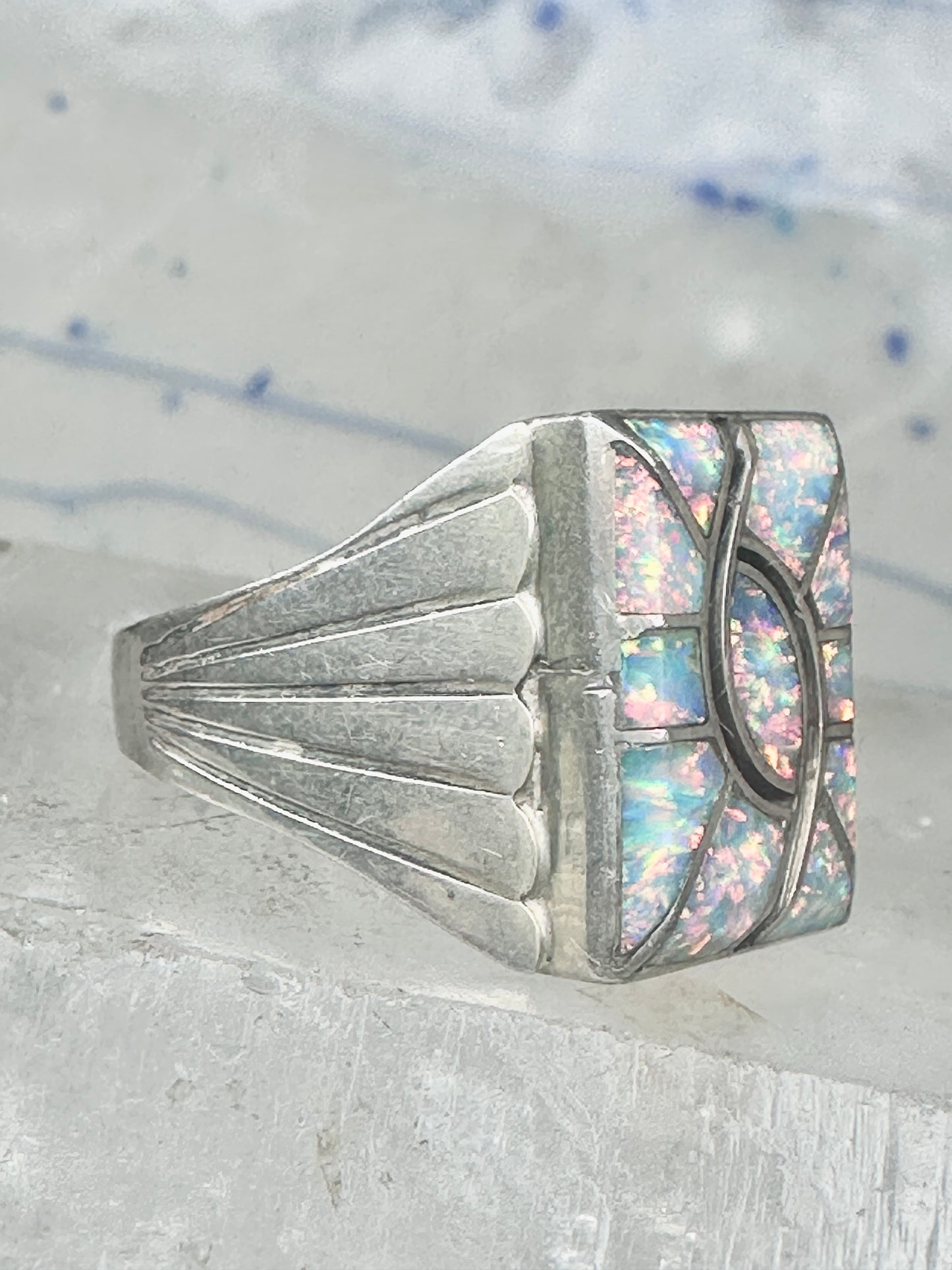 Lab Opal ring size 12 N Lee Navajo hummingbird sterling silver men women