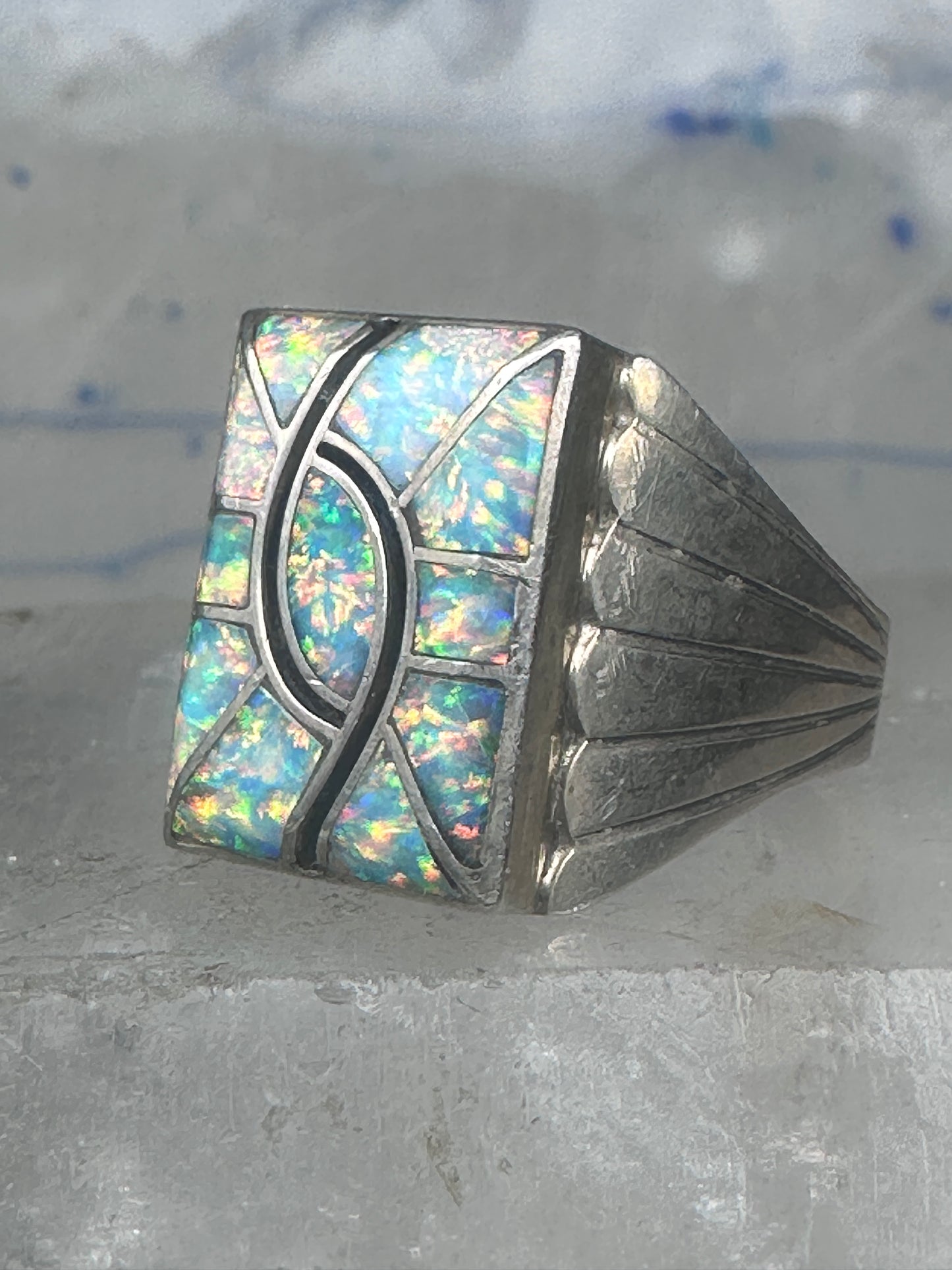 Lab Opal ring size 12 N Lee Navajo hummingbird sterling silver men women