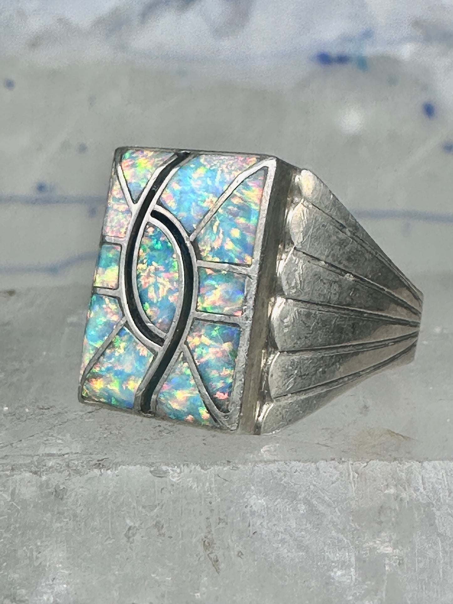 Lab Opal ring size 12 N Lee Navajo hummingbird sterling silver men women