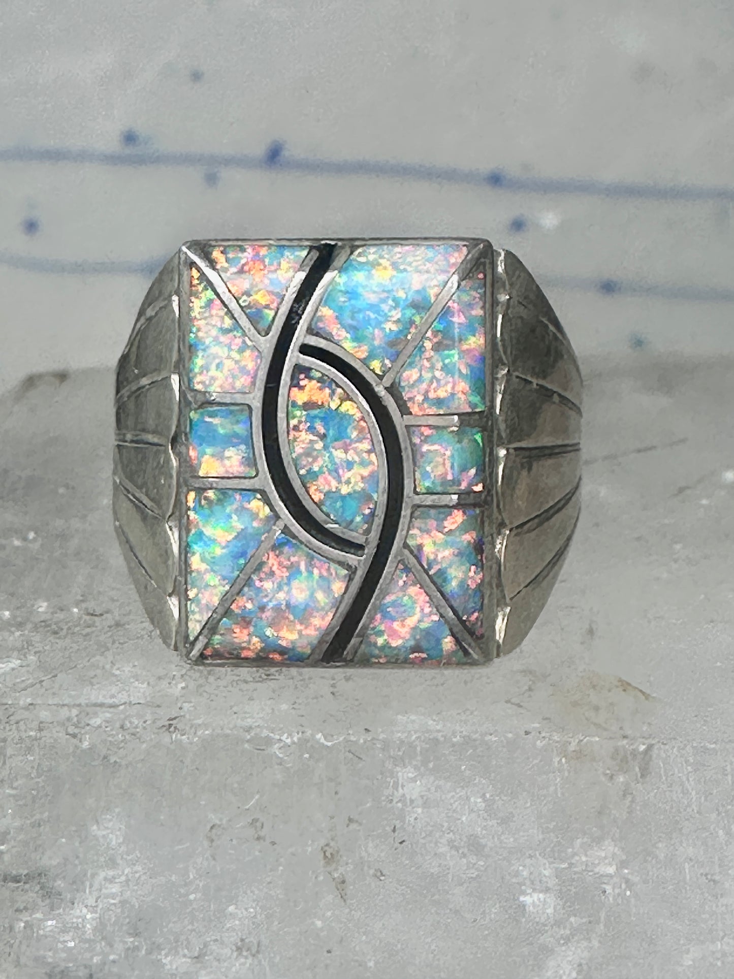 Lab Opal ring size 12 N Lee Navajo hummingbird sterling silver men women