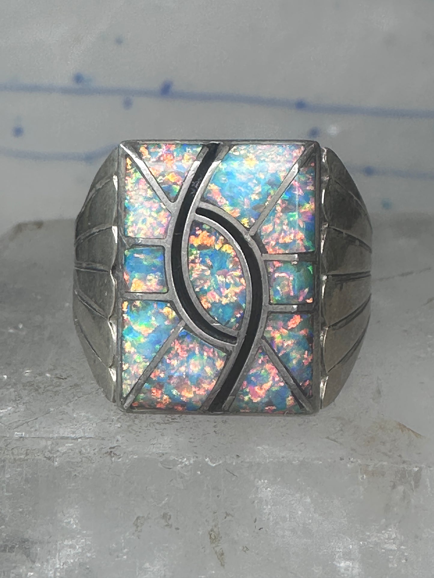 Lab Opal ring size 12 N Lee Navajo hummingbird sterling silver men women