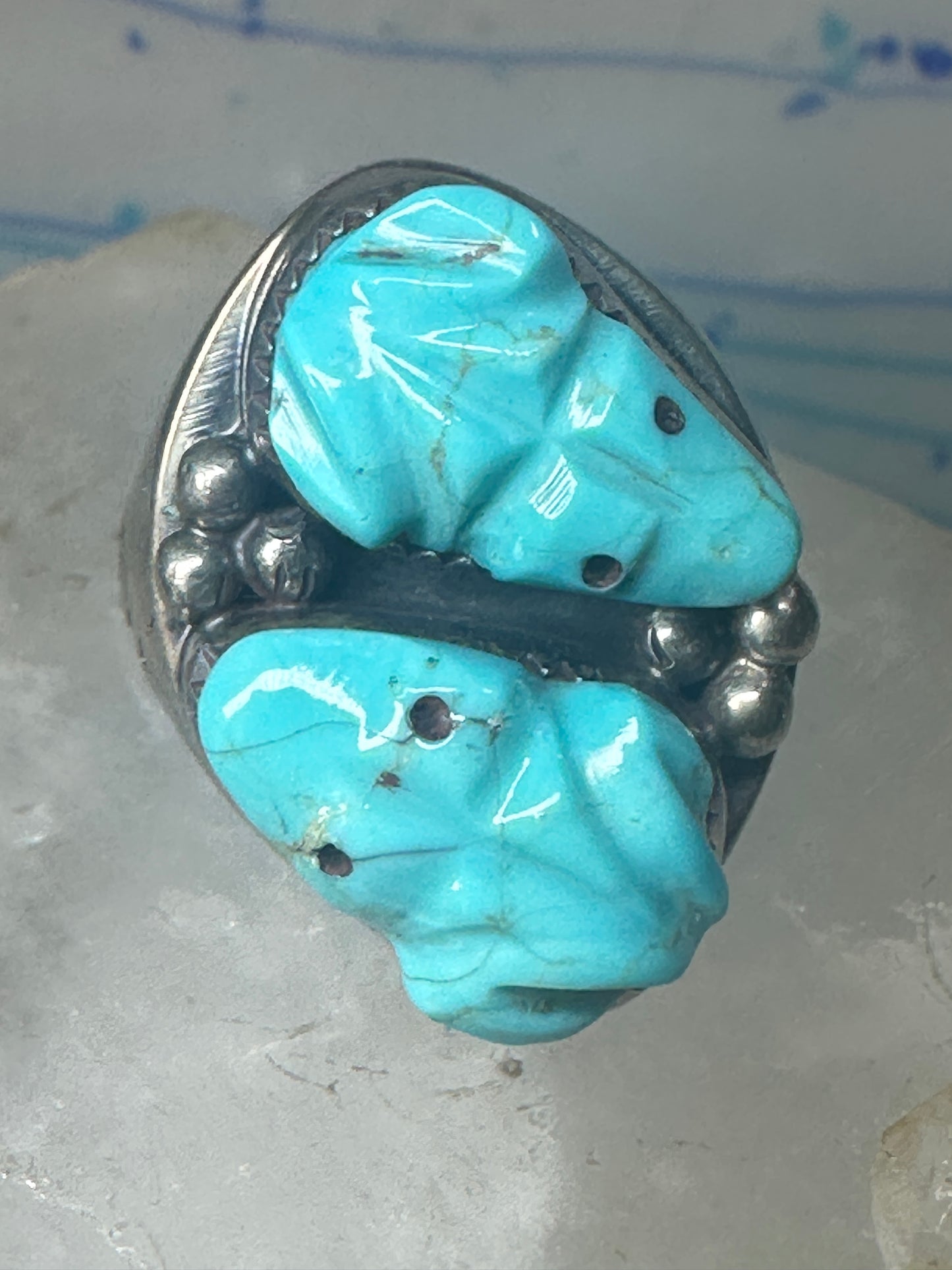 Frog Ring Turquoise carved frogs band coin silver size 12.25 men women